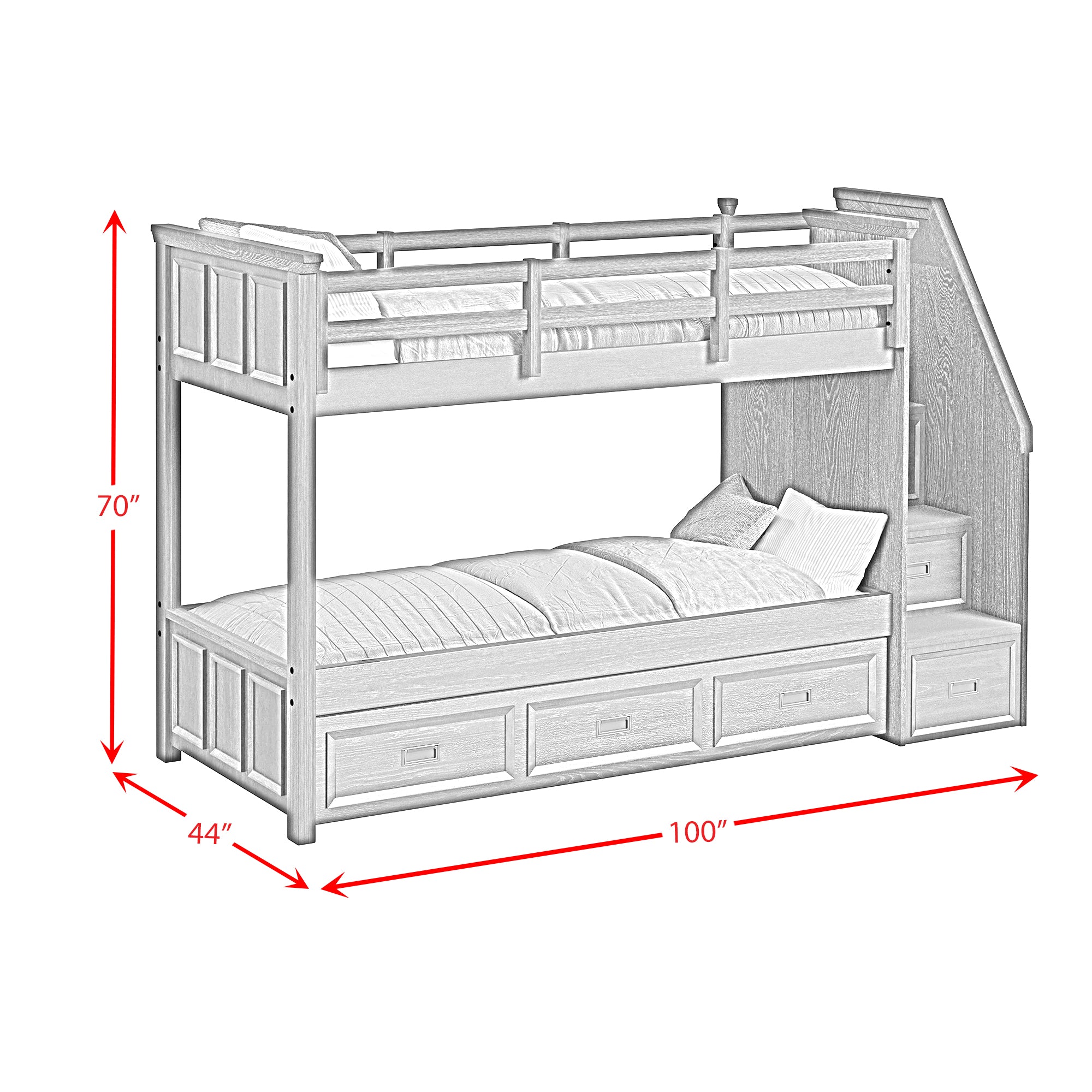 Hampton Kids Twin Over Twin Bunk with Staircase and Trundle in Charcoal
