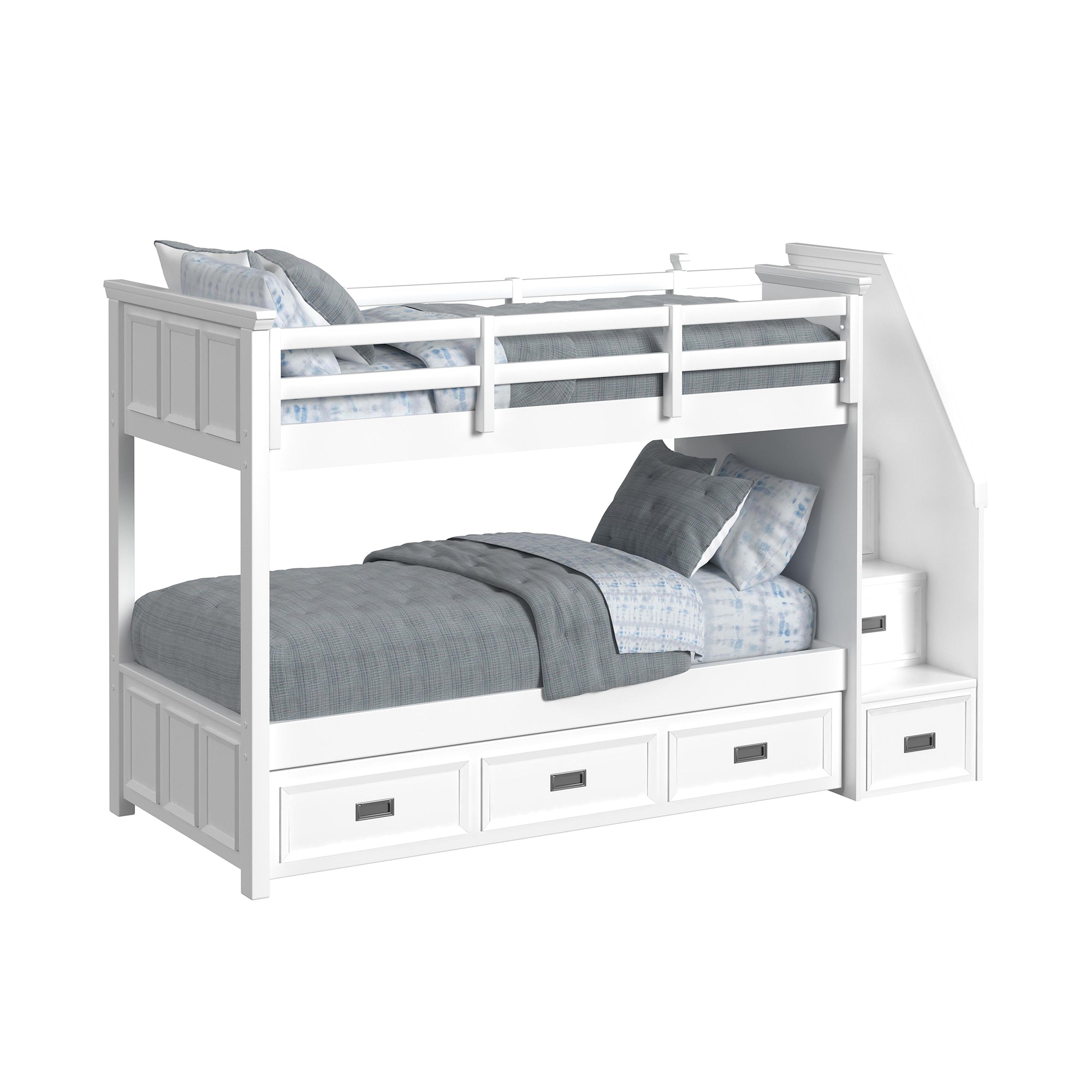 Hampton Kids Twin Over Twin Bunk with Staircase and Trundle in White
