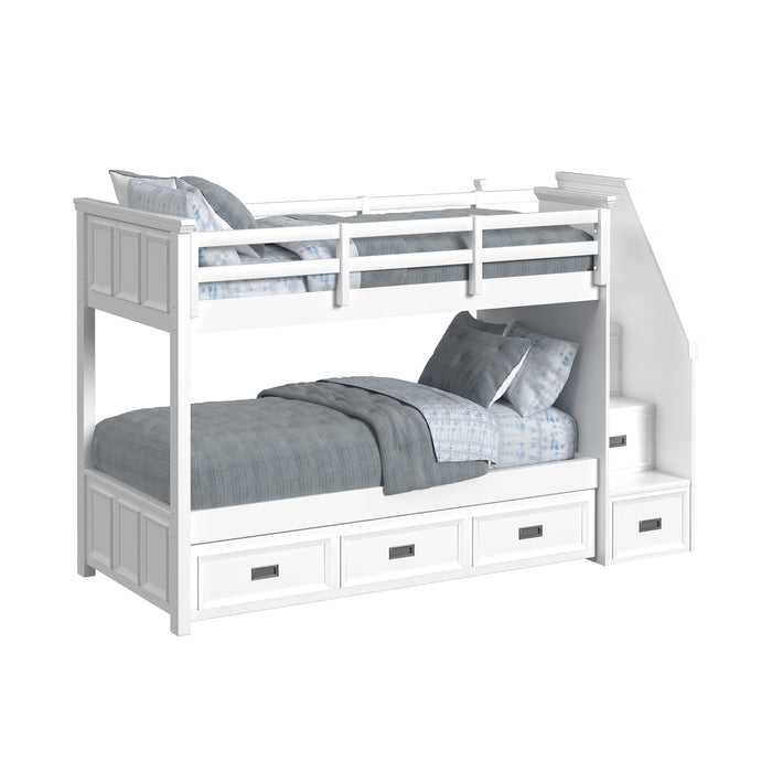 Hampton Kids Twin Over Twin Bunk with Staircase and Trundle in White