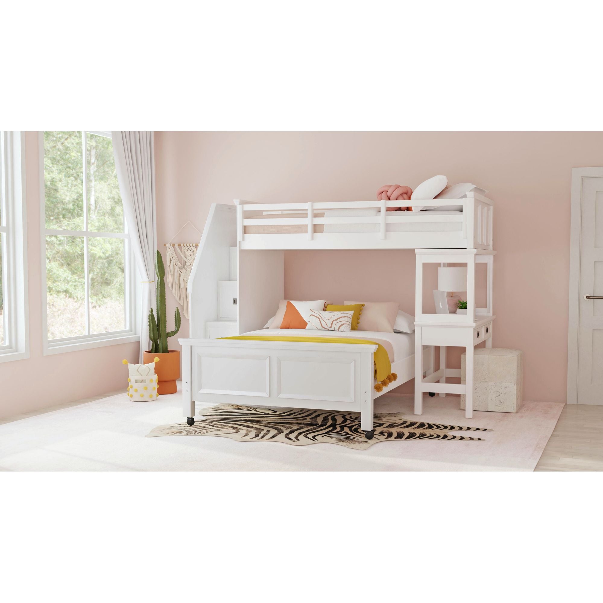 Hampton Kids Twin Over Full Loft with Staircase and Desk with Speaker in White
