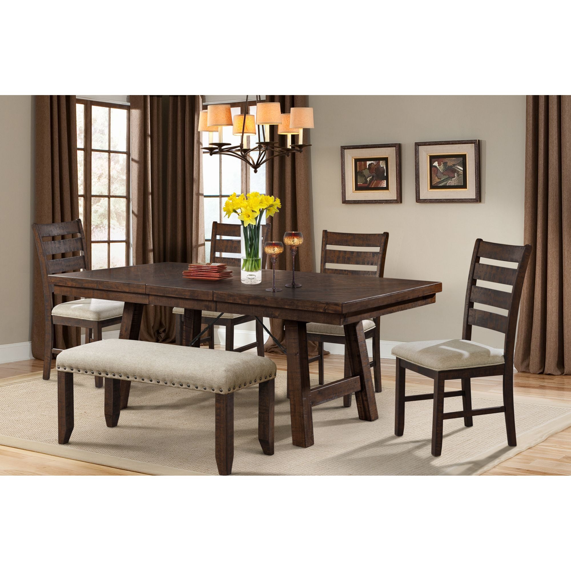 Jax 7PC Dining Set - Table, 4 Ladder Side Chairs & Bench in Cherry – SKU DJX150B6PC | Elements