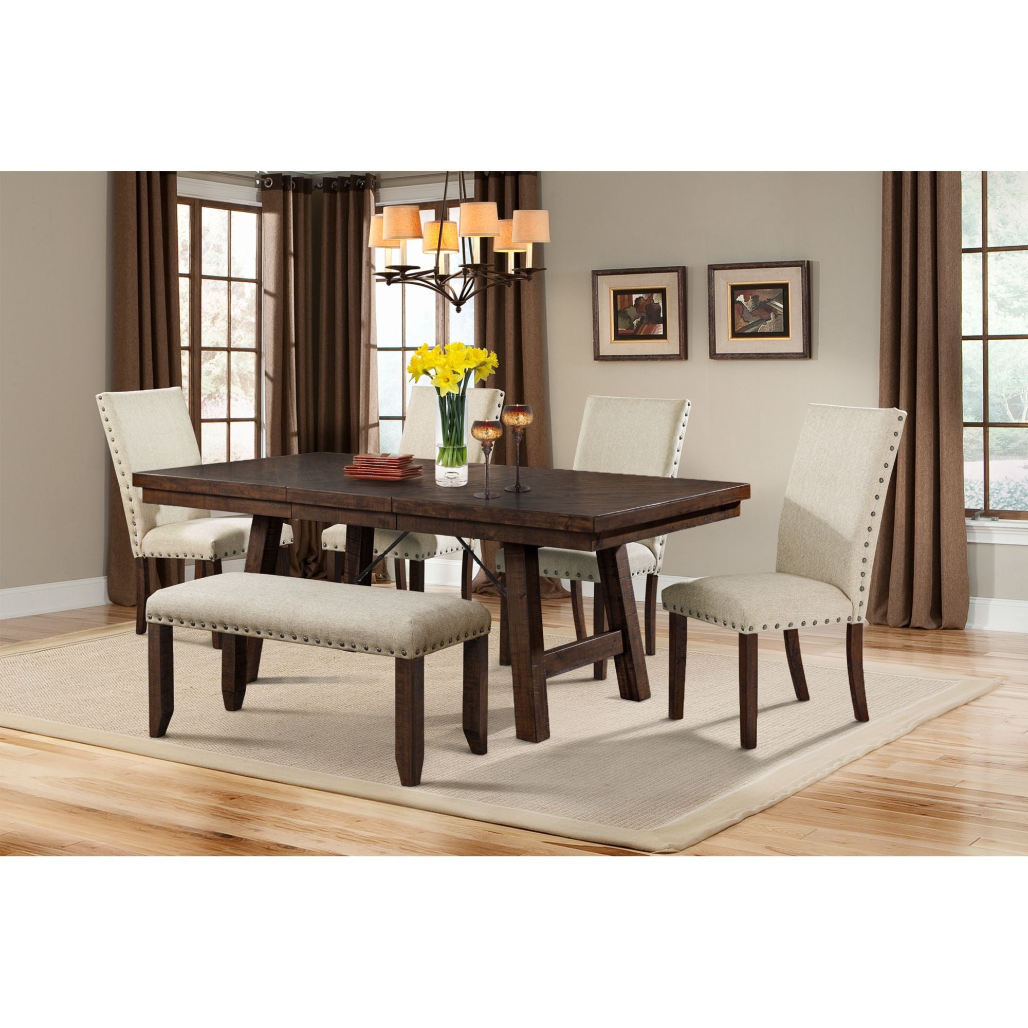 Jax 6pc Dining Set- Table 4 Upholstered Side Chairs & Bench in Cherry – SKU DJX100SB6PC | Elements