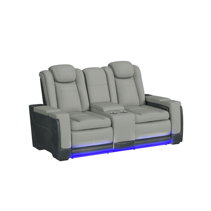 Lantana Power Motion Loveseat with Power Headrest, Led, and Console in Rocky Cement/Charcoal