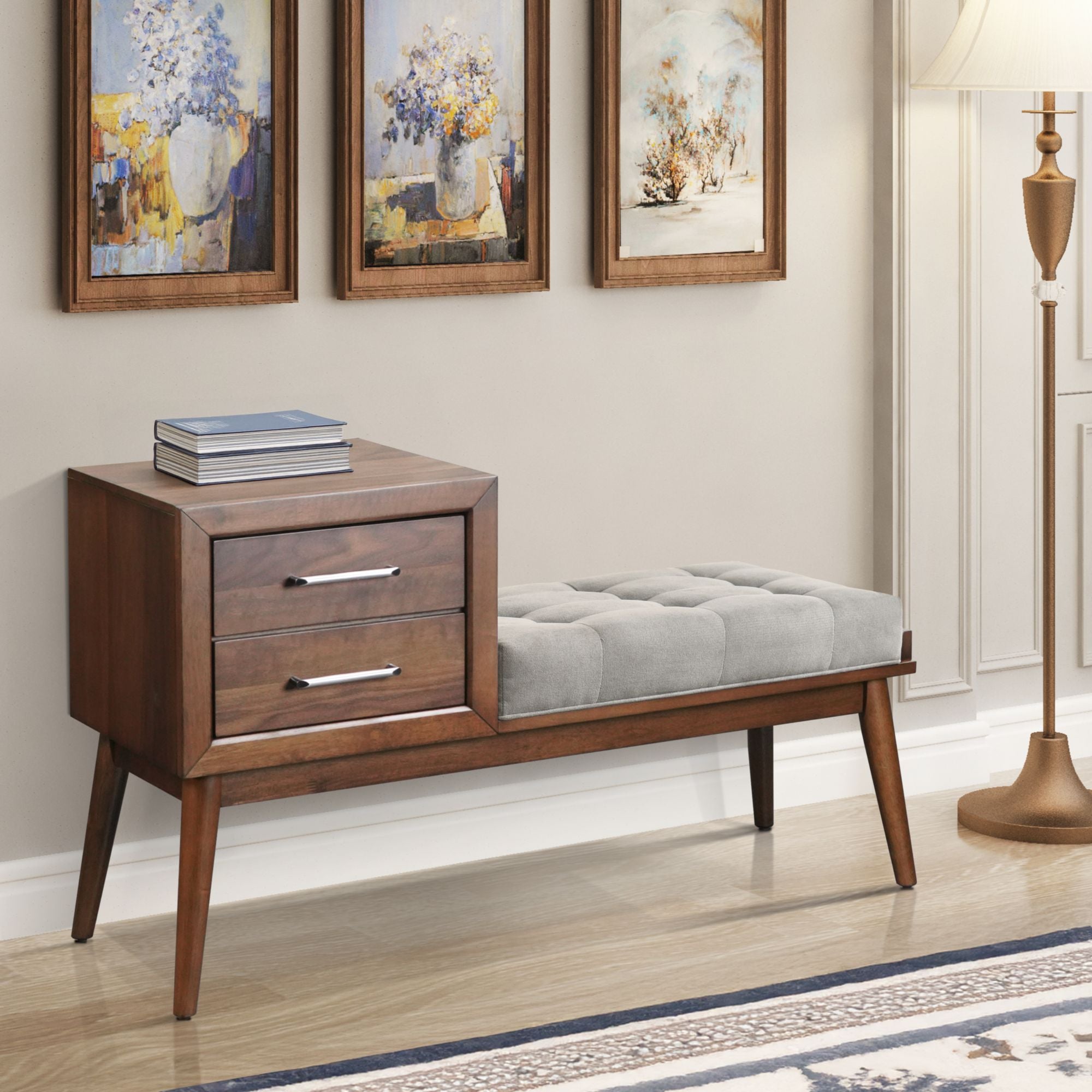 Malibu Bench with Grey Fabric in Walnut – SKU LA-4650-5-BN | Elements