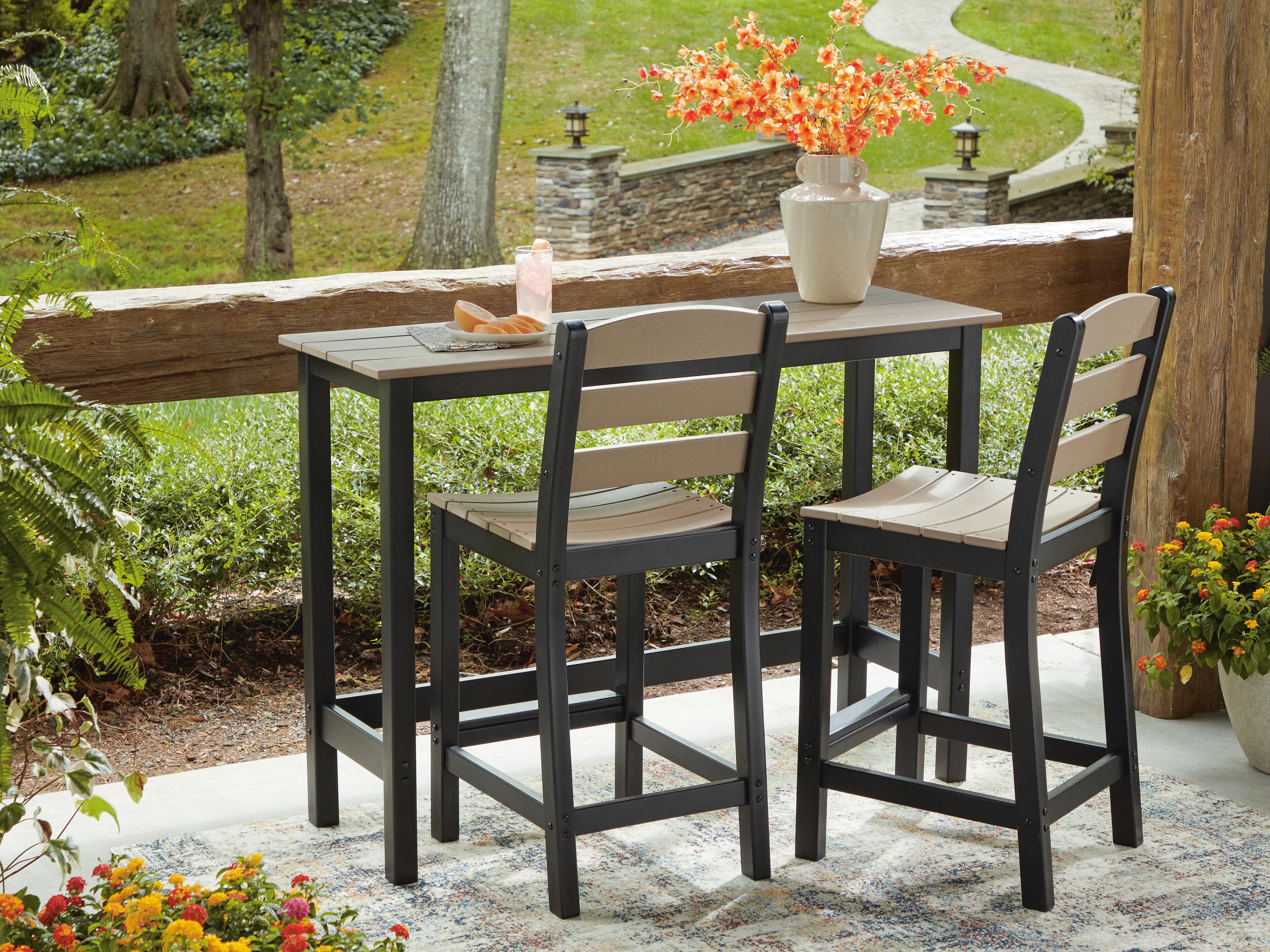 Dar Furniture - Ashley Furniture - Shoreline Beach Outdoor Counter Table and 2 Barstools - Counter Table Set (3/CN) / Black/Beige - PCP221-113