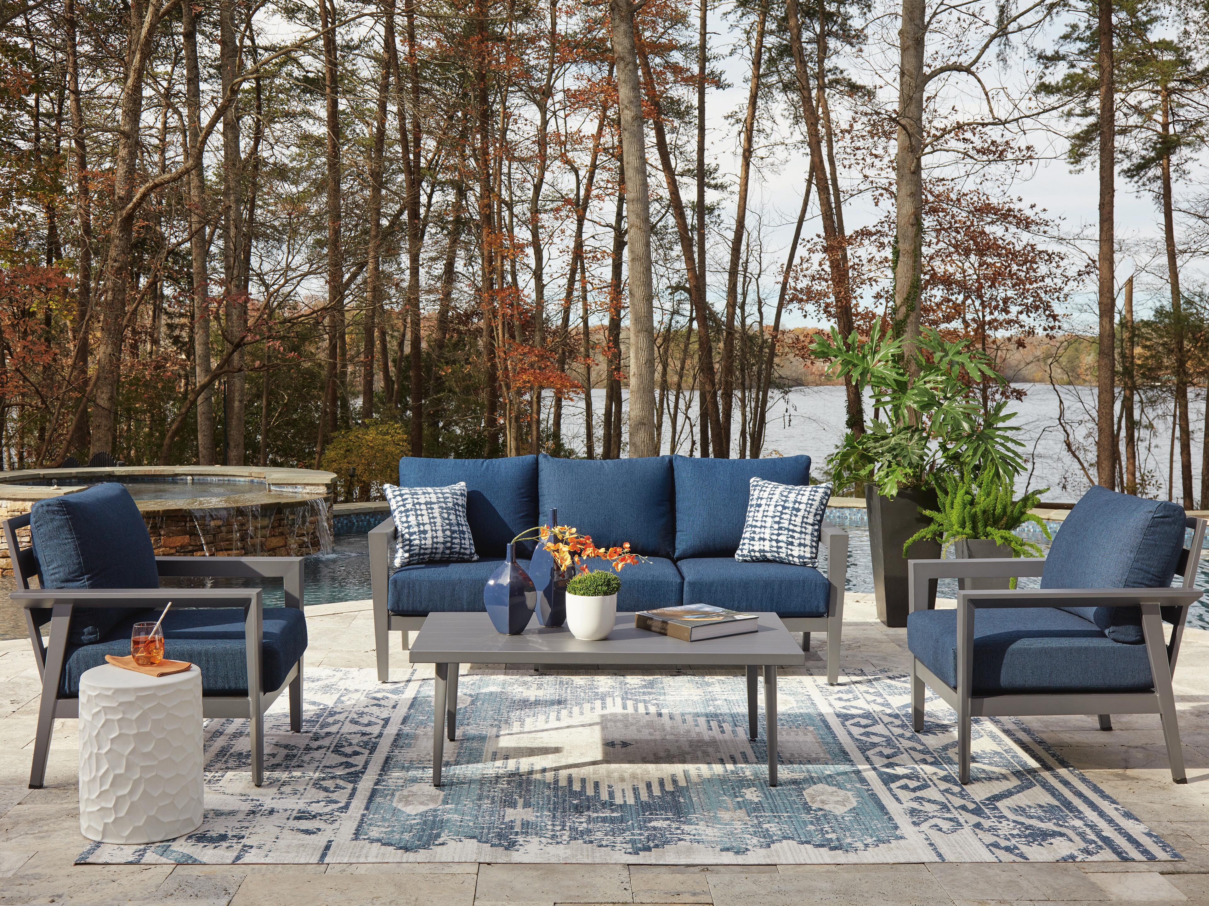 Dar Furniture - Ashley Furniture - Gali Outdoor Sofa/Chairs/Table Set (Set of 4) - Sofa/Chairs/Table Set (4/CN) / Gray/Blue - P275-081