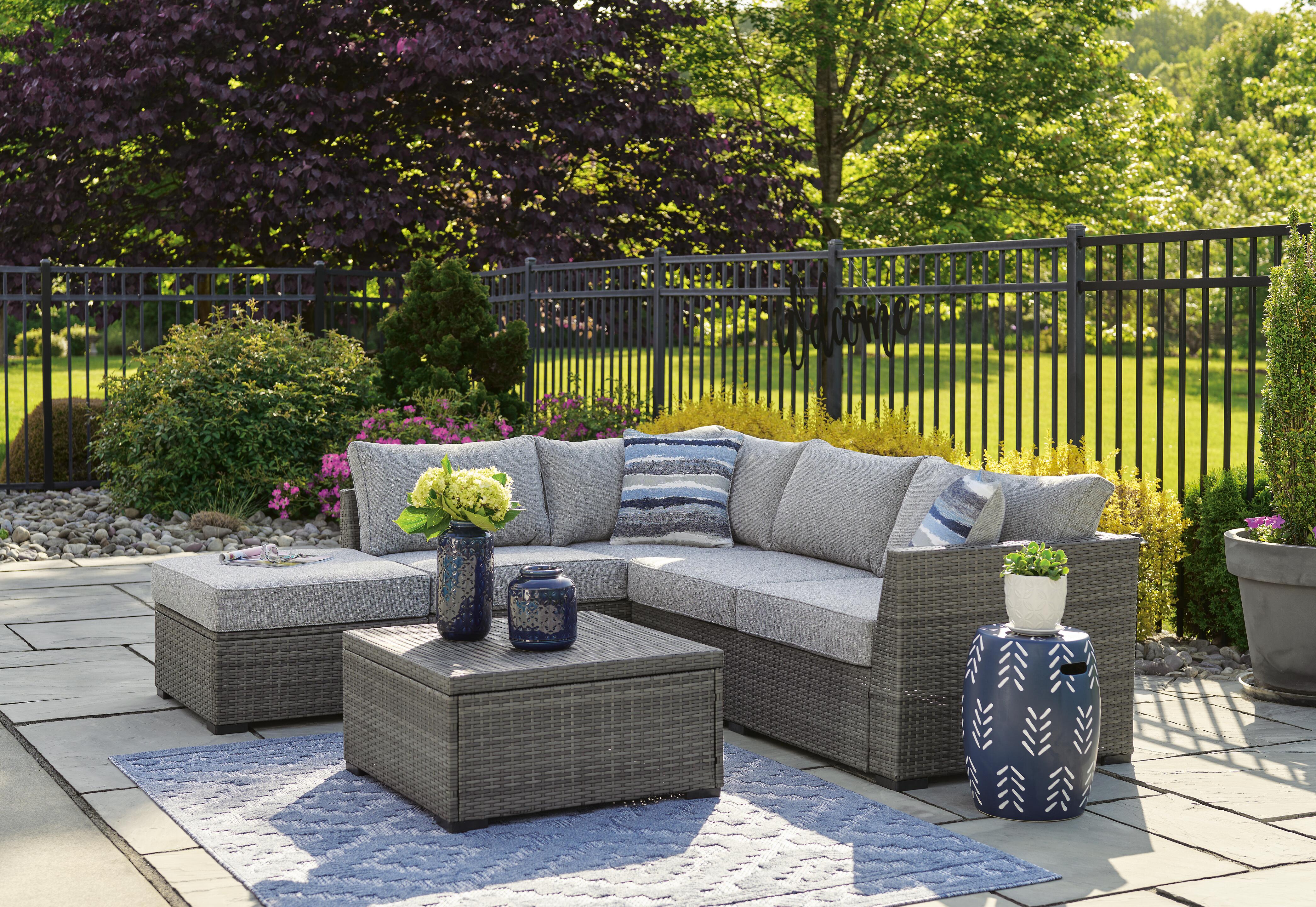 Dar Furniture - Ashley Furniture - Petal Road Outdoor Loveseat Sectional/Ottoman/Table Set (Set of 4) - LoveseatSEC/OTTO/TBL Set(4/CN) / Gray - P297-070