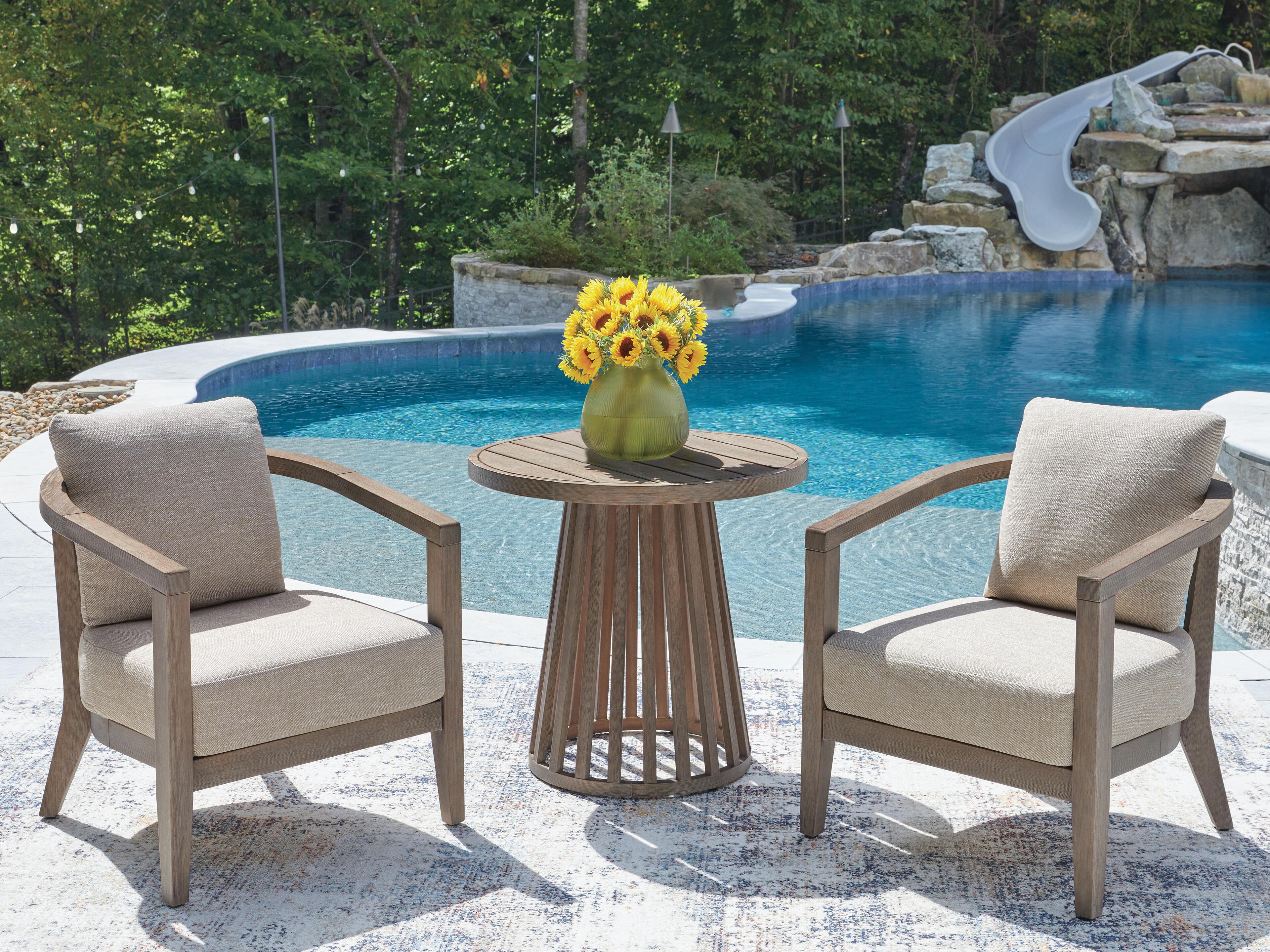 Dar Furniture - Ashley Furniture - Joy Lagoon Outdoor Chairs with Cushions/Table (Set of 3) - Chairs w/CUSH/Table Set (3/CN) / Beige - PCP310-050