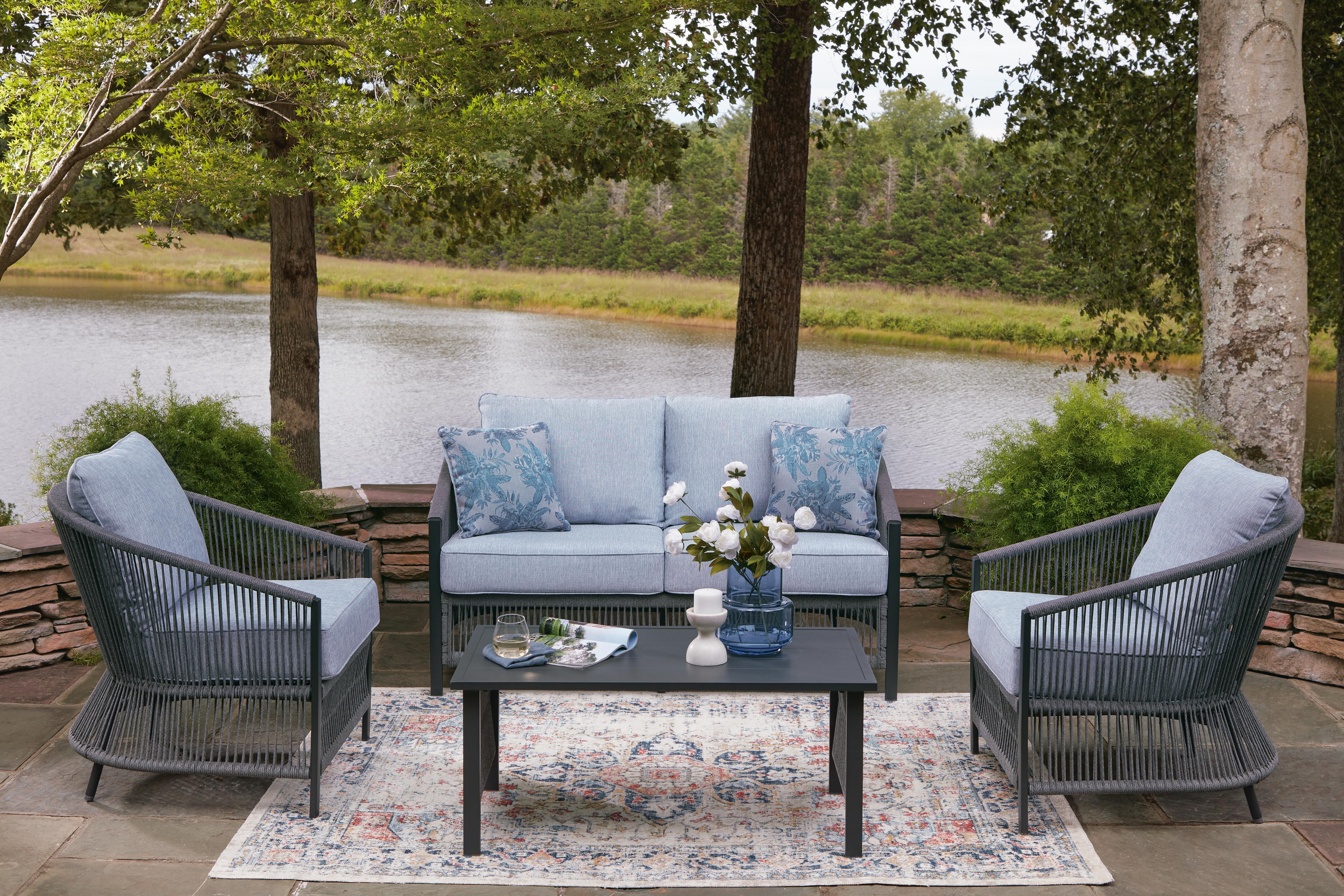Dar Furniture - Ashley Furniture - Bridges Beach Outdoor Love/Chairs/Table Set (Set of 4) - Love/Chairs/Table Set (4/CN) / Gray - PCP391-080