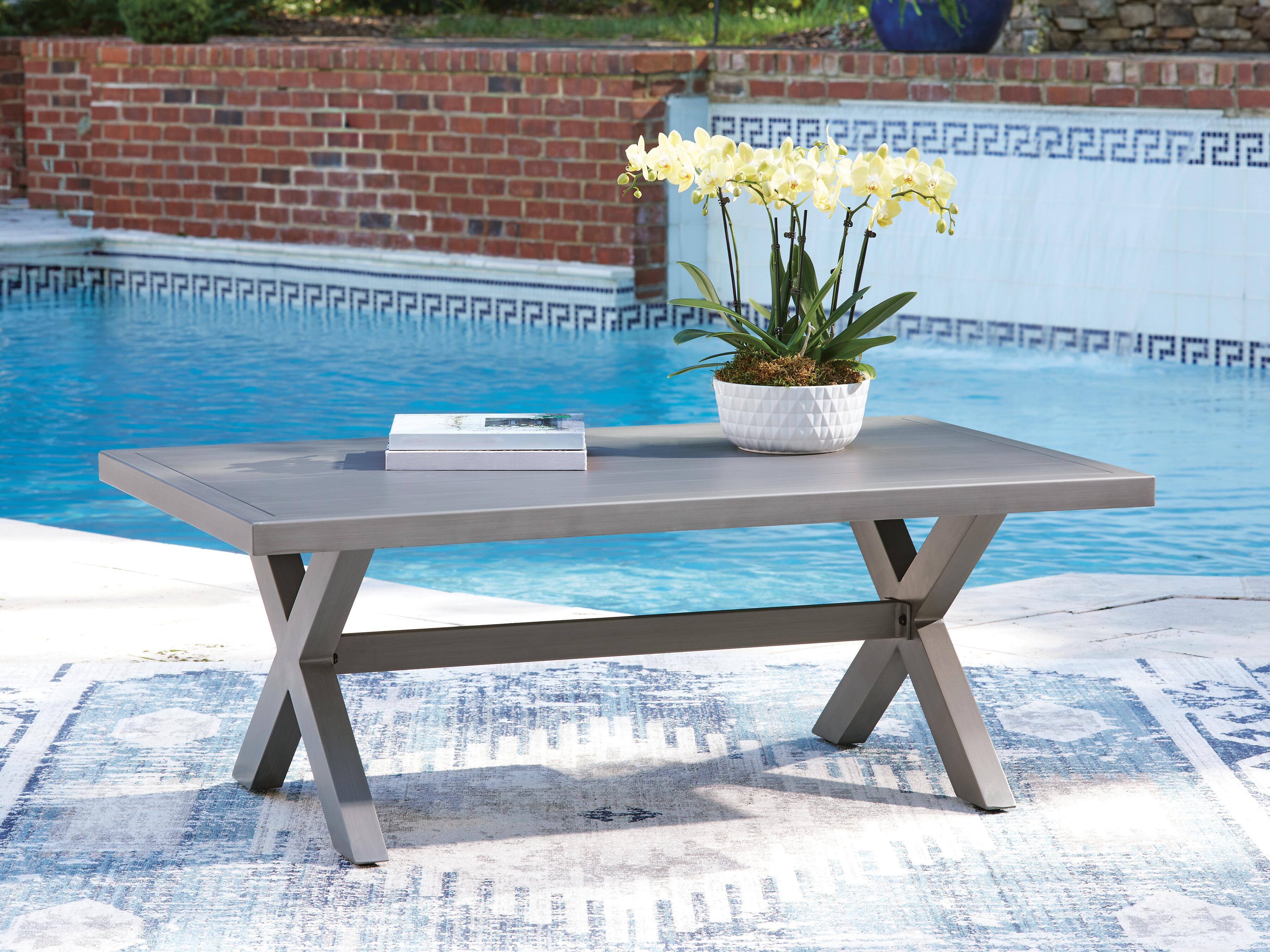 Dar Furniture - Ashley Furniture - Half Moon Beach Outdoor Coffee Table - Rectangular Cocktail Table / Gray - PCP418-701