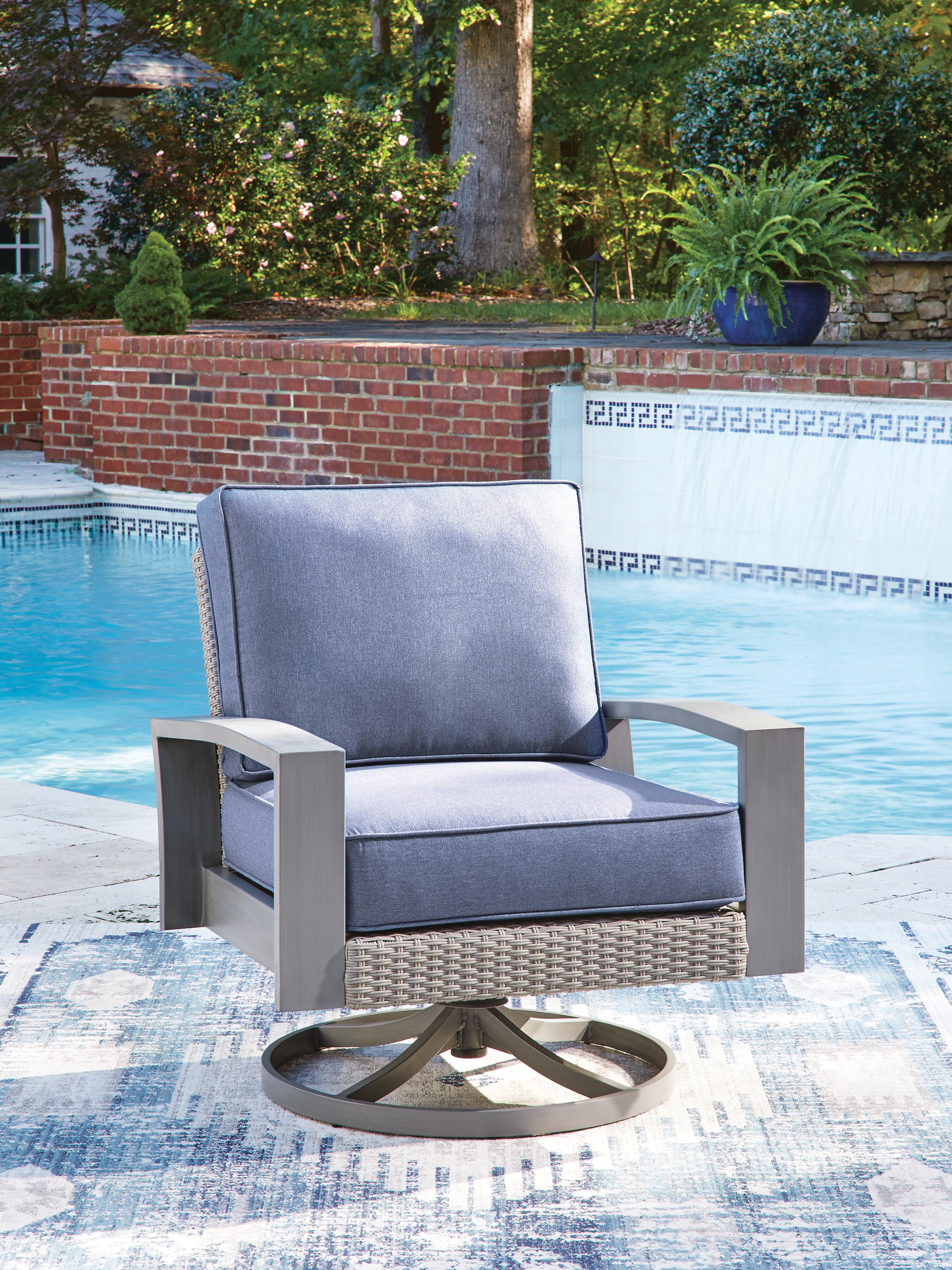Dar Furniture - Ashley Furniture - Half Moon Beach Outdoor Swivel Lounge Chair with Cushion - Swivel Lounge w/ Cushion / Blue/Gray - PCP418-821