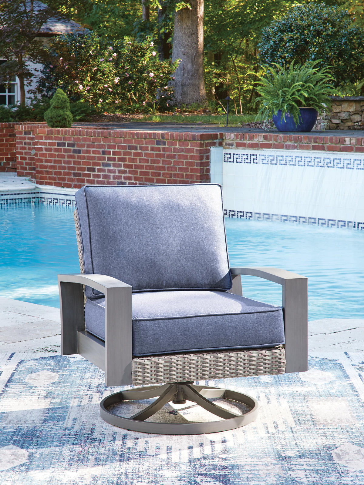 Dar Furniture - Ashley Furniture - Half Moon Beach Outdoor Swivel Lounge Chair with Cushion - Swivel Lounge w/ Cushion / Blue/Gray - PCP418-821