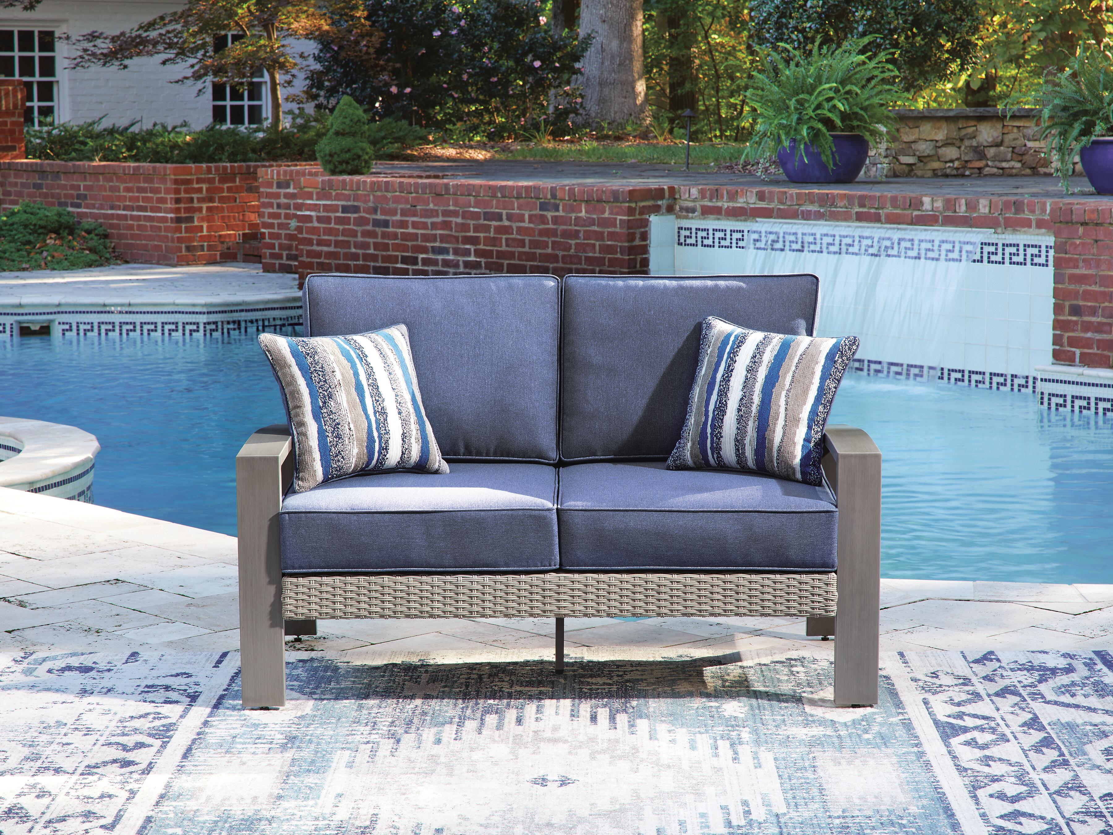 Dar Furniture - Ashley Furniture - Half Moon Beach Outdoor Loveseat with Cushion - Loveseat w/Cushion / Blue/Gray - PCP418-835