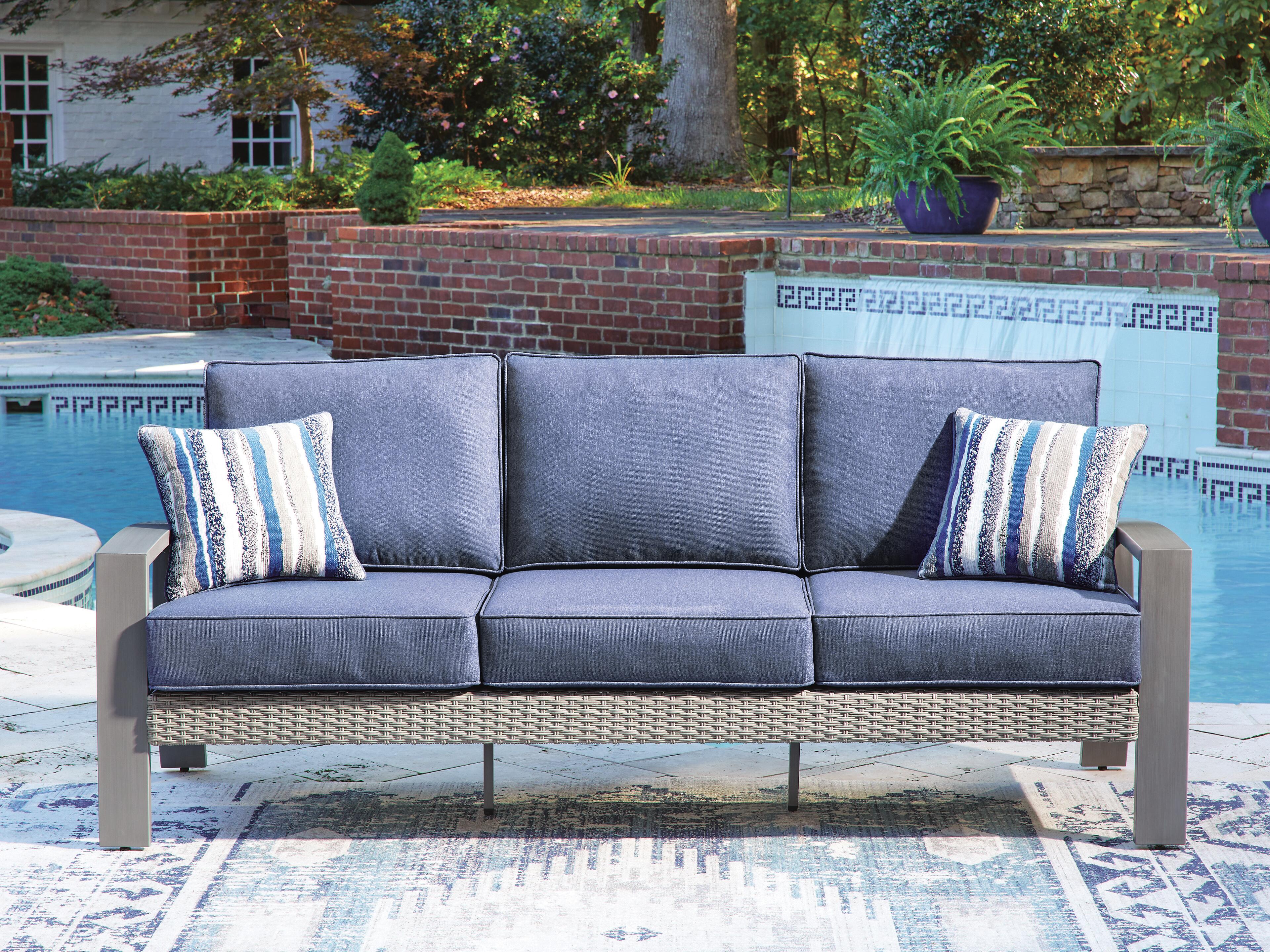 Dar Furniture - Ashley Furniture - Half Moon Beach Outdoor Sofa with Cushion - Sofa with Cushion / Blue/Gray - PCP418-838