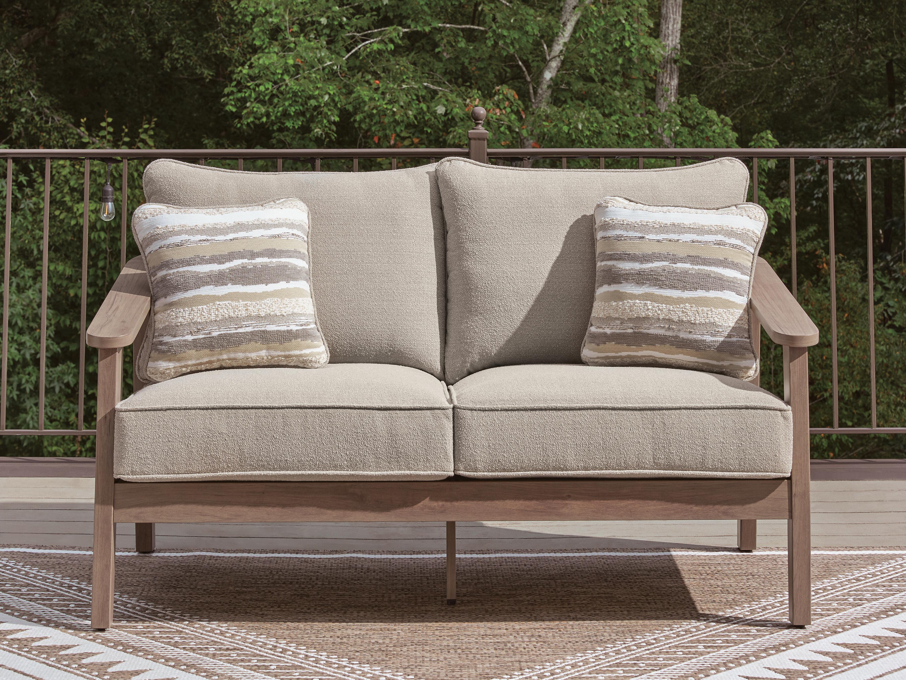 Dar Furniture - Ashley Furniture - Harmony Headlands Outdoor Loveseat with Cushion - Loveseat w/Cushion / Natural/Gray - PCP428-835