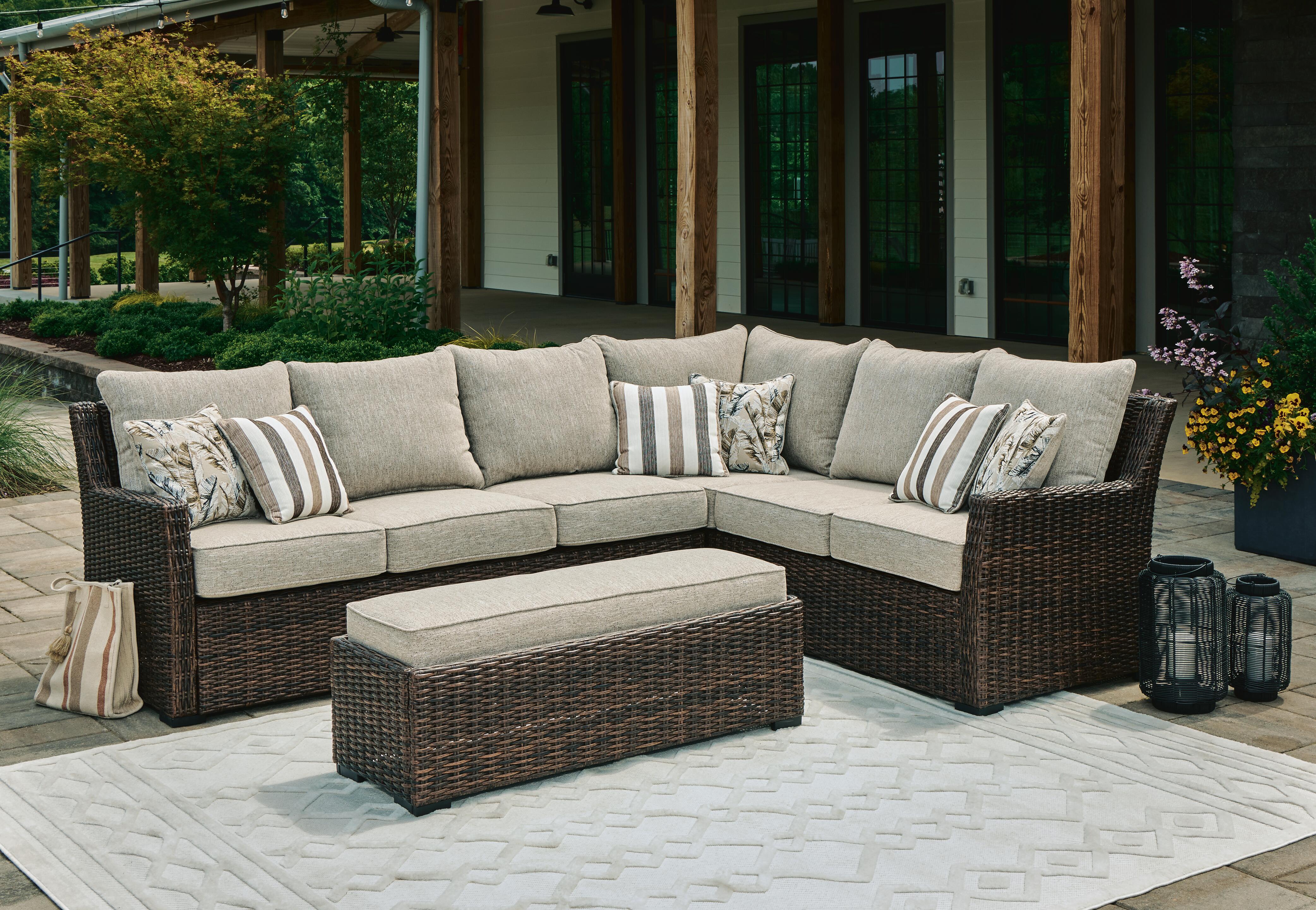 Dar Furniture - Ashley Furniture - Brook Ranch Outdoor Sofa Sectional/Bench with Cushion (Set of 3) - Sofa SEC/Bench w/CUSH (3/CN) / Brown - P465-822