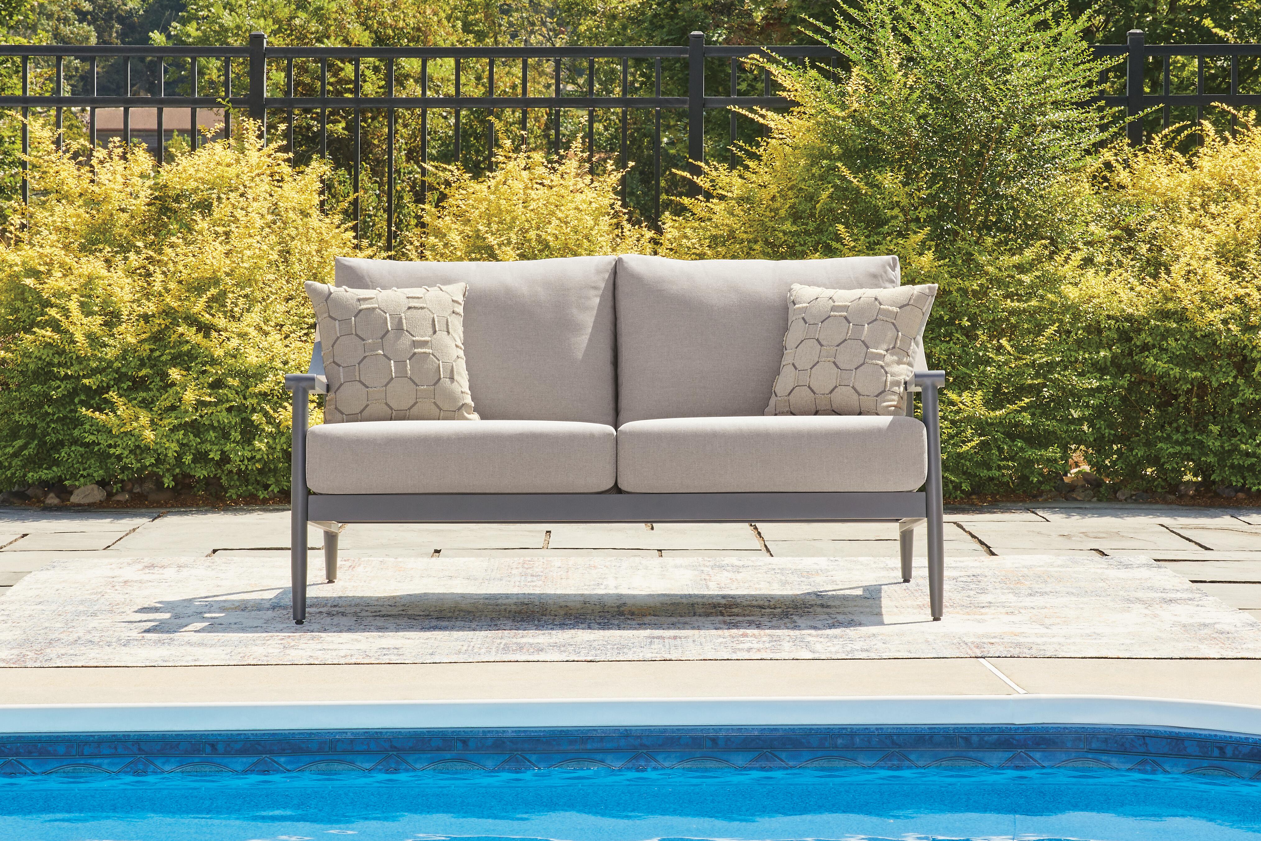 Dar Furniture - Ashley Furniture - Ocean Beach Outdoor Loveseat with Cushion - Loveseat w/Cushion / Gray - PCP510-835