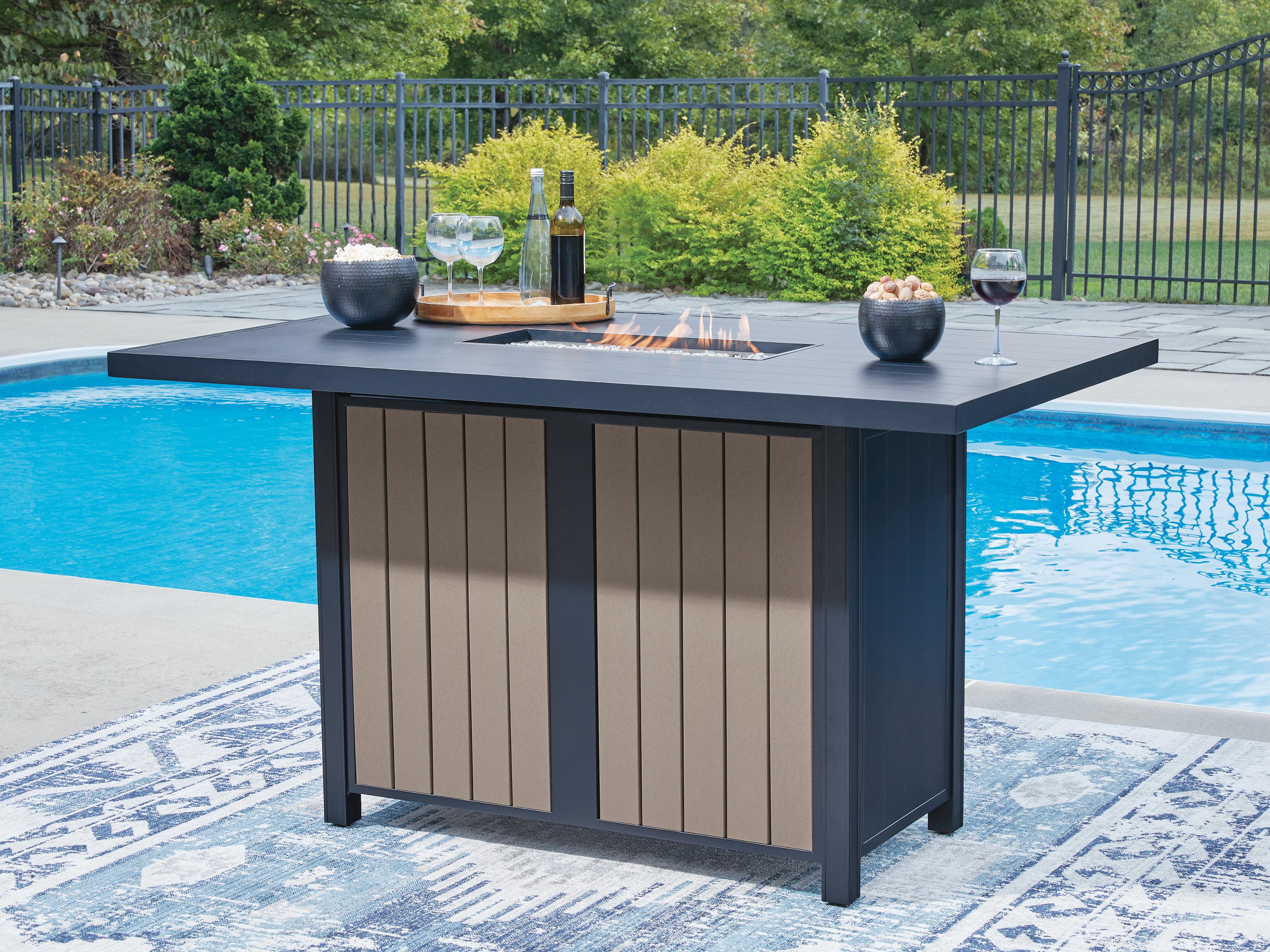 Dar Furniture - Ashley Furniture - East Beach Outdoor Bar Table with Fire Pit - RECT Bar Table w/Fire Pit / Navy Blue/Driftwood - PCP587-665