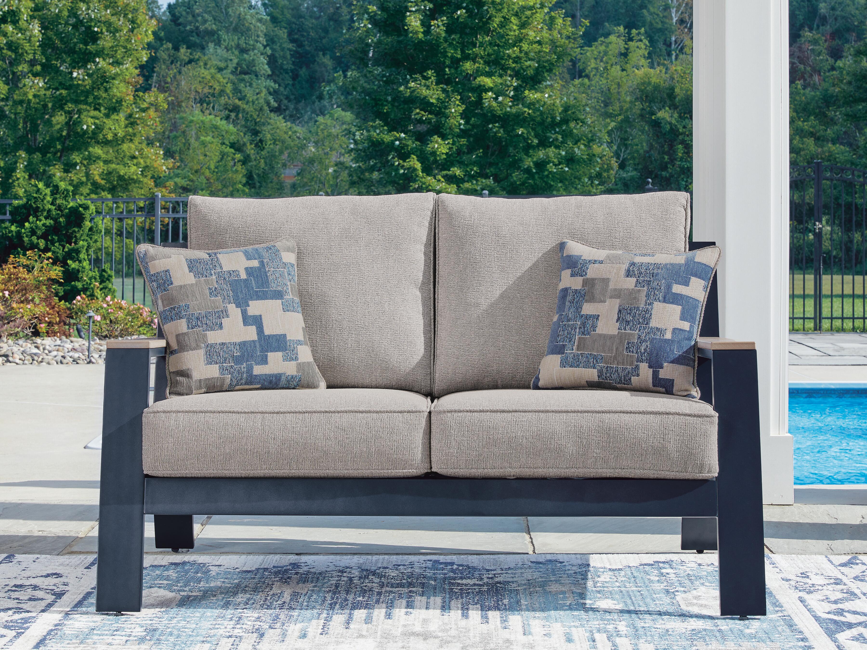 Dar Furniture - Ashley Furniture - East Beach Outdoor Loveseat with Cushion - Loveseat w/Cushion / Navy Blue/Driftwood - PCP587-835