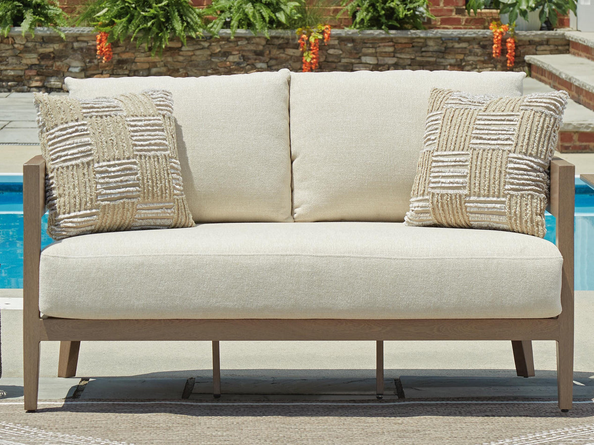 Dar Furniture - Ashley Furniture - Serene Bay Outdoor Loveseat with Cushion - Loveseat w/Cushion / Dark Brown/White - P671-835