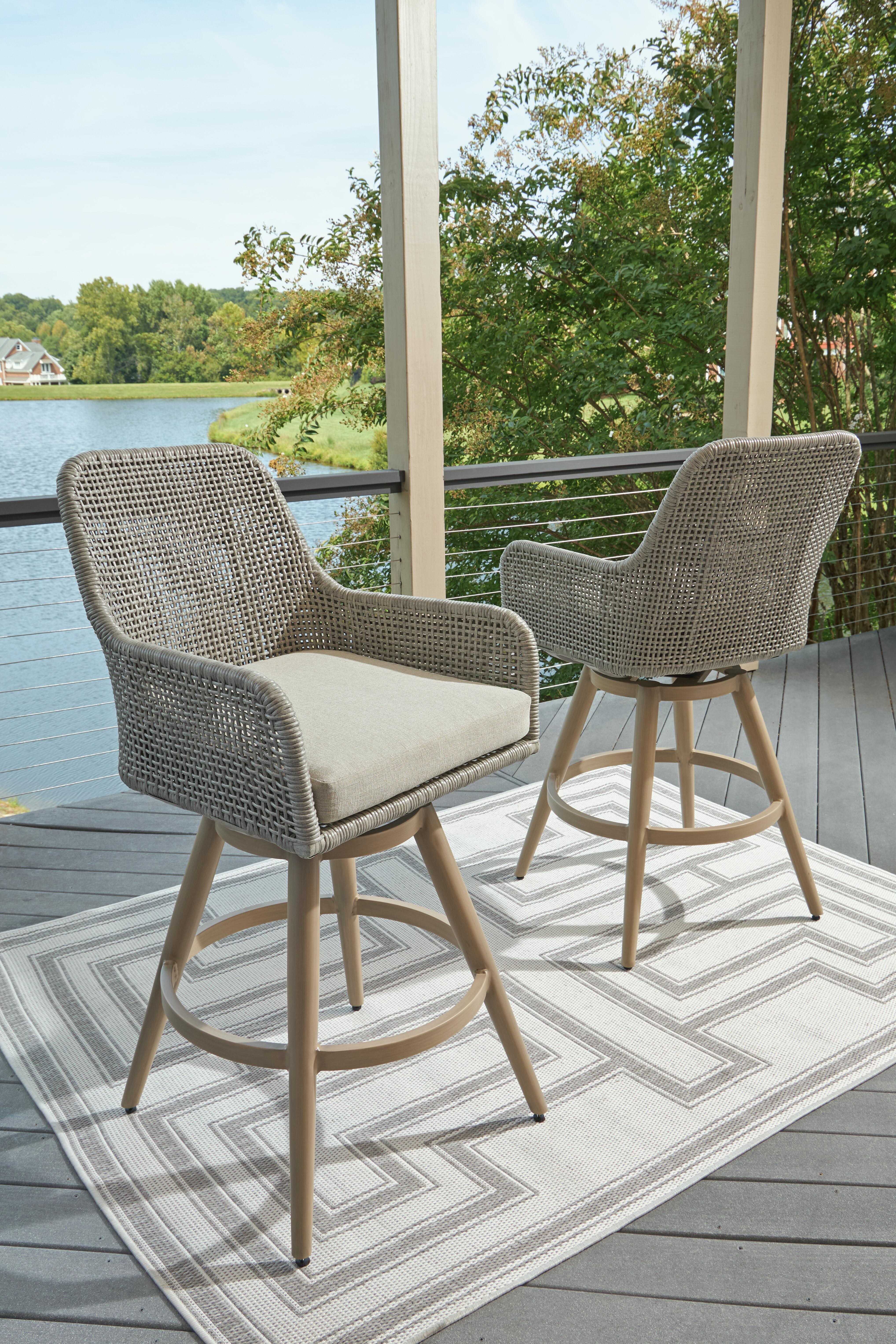 Dar Furniture - Ashley Furniture - Seton Creek Outdoor Bar Height Barstool with Cushion (Set of 2) - Barstool with Cushion (Set of 2) / Beige/Gray - P798-130