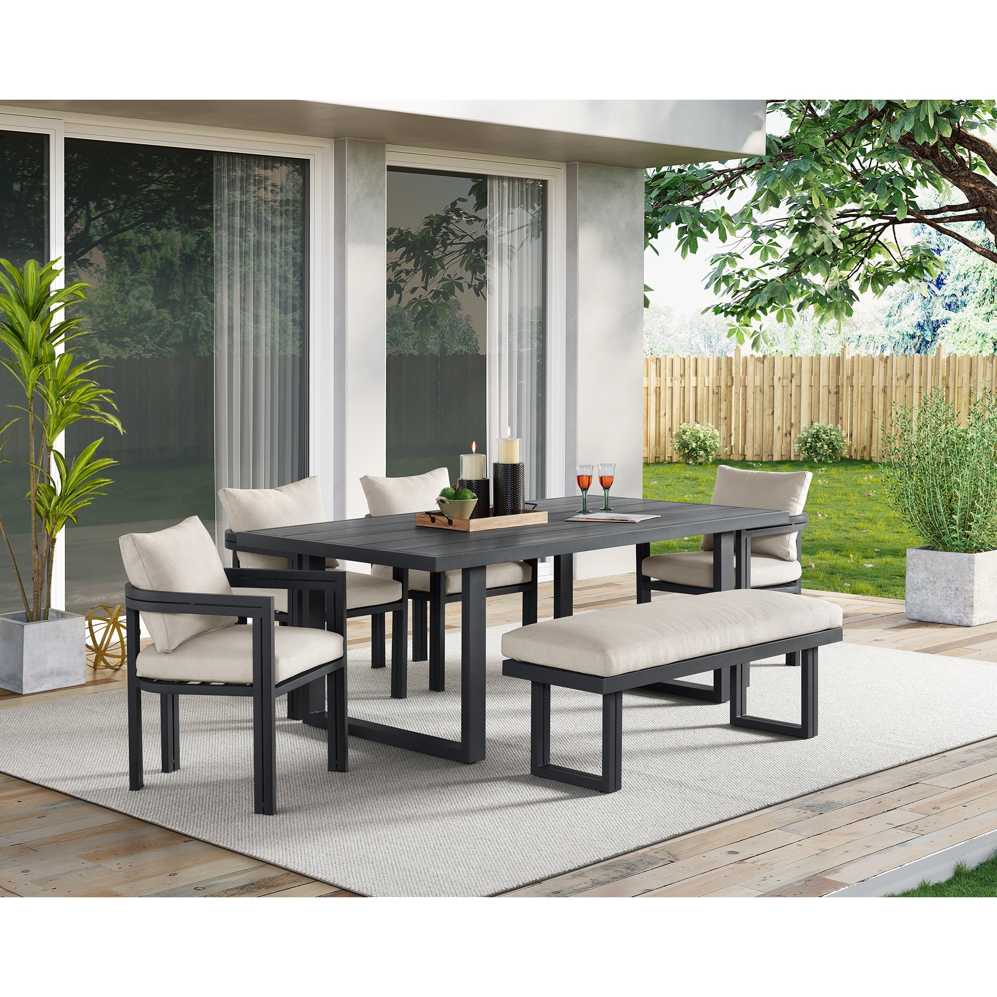 Playa Dining Bench - Dark Grey and Olefin Beige – SKU O-16230-3-BN | Elements