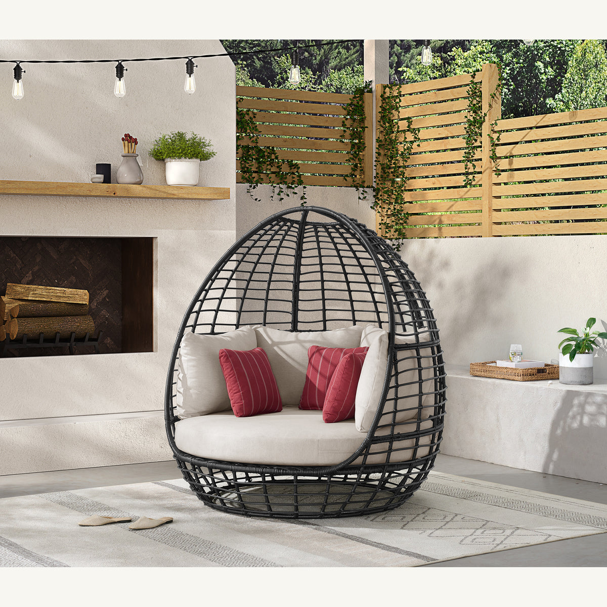 Playa Twin Egg Chair - Dark Grey and Olefin Beige with 3 Pillows – SKU O-16230-10311-121 | Elements