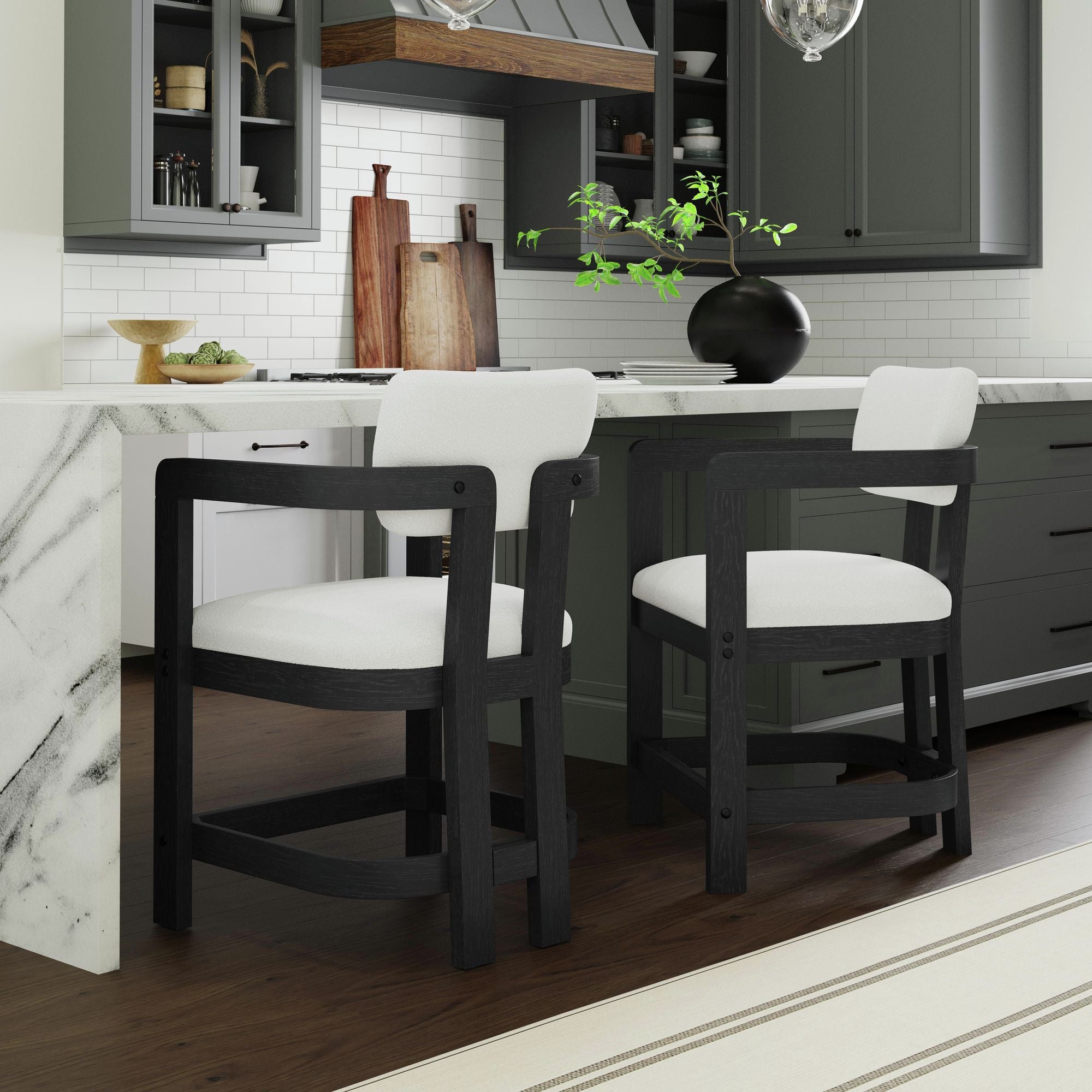 Portland Arm Counter Stool with White Fabric in Black (2 Per Carton) – SKU D-1710-8-CST3 | Elements