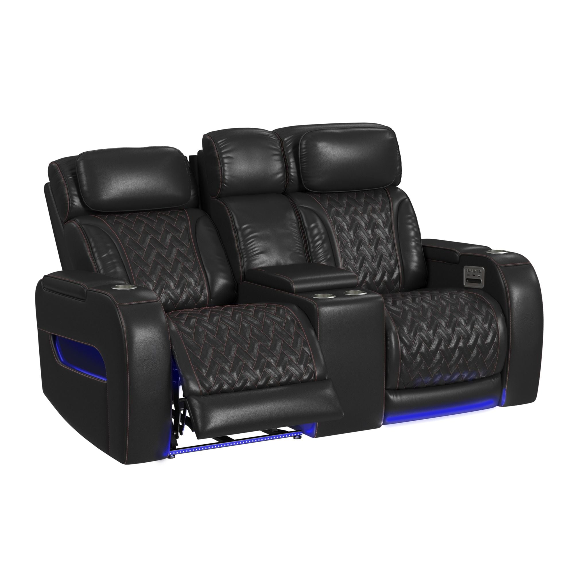 Prime Time P3 Loveseat with LED, wireless charger pocket, and Console in Jett Black with Red Stitching