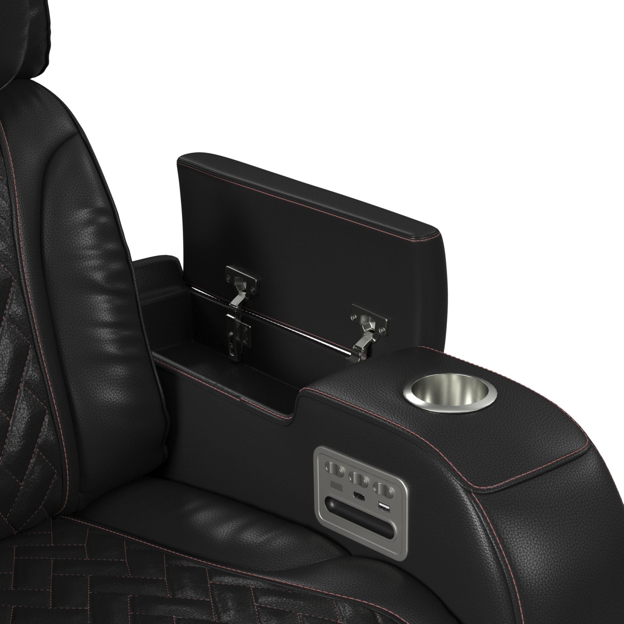 Prime Time P3 Loveseat with LED, wireless charger pocket, and Console in Jett Black with Red Stitching