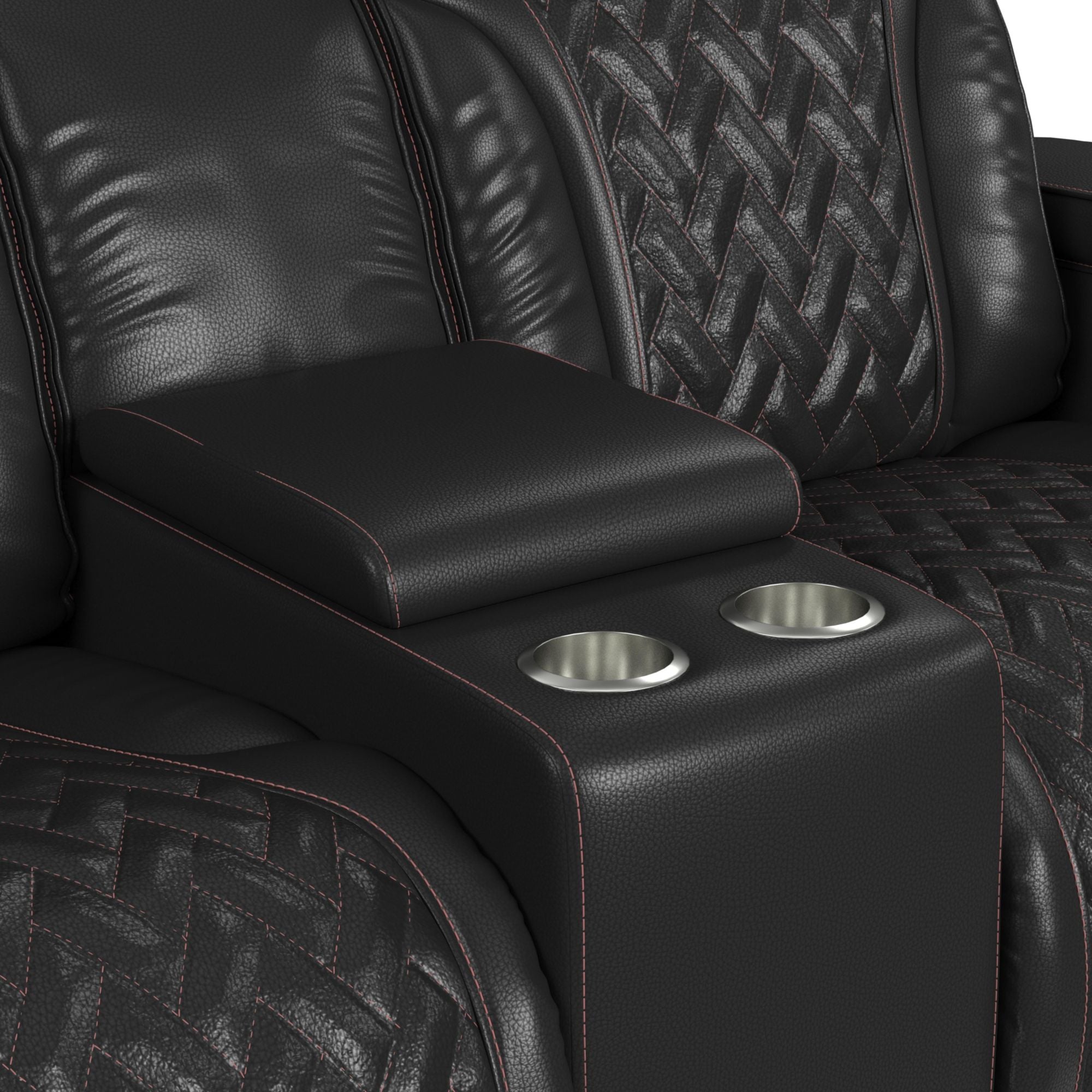Prime Time P3 Loveseat with LED, wireless charger pocket, and Console in Jett Black with Red Stitching