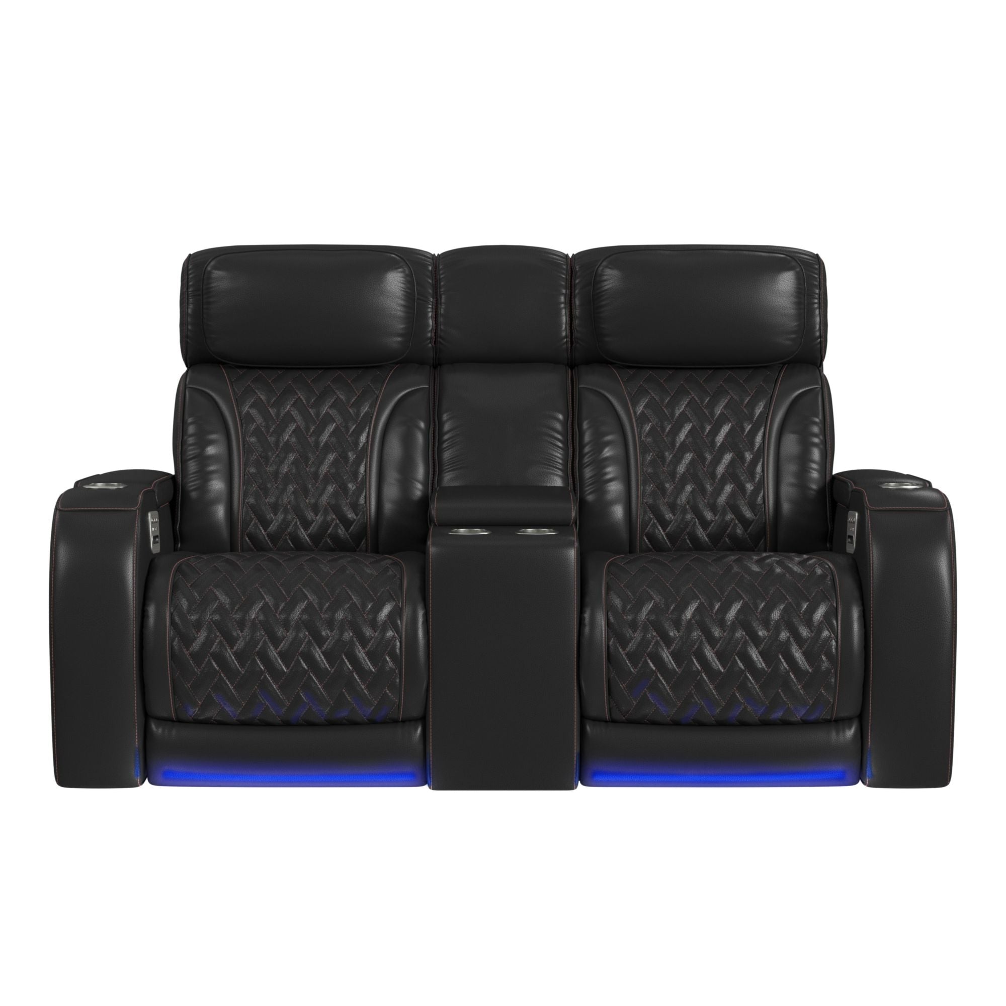 Prime Time P3 Loveseat with LED, wireless charger pocket, and Console in Jett Black with Red Stitching