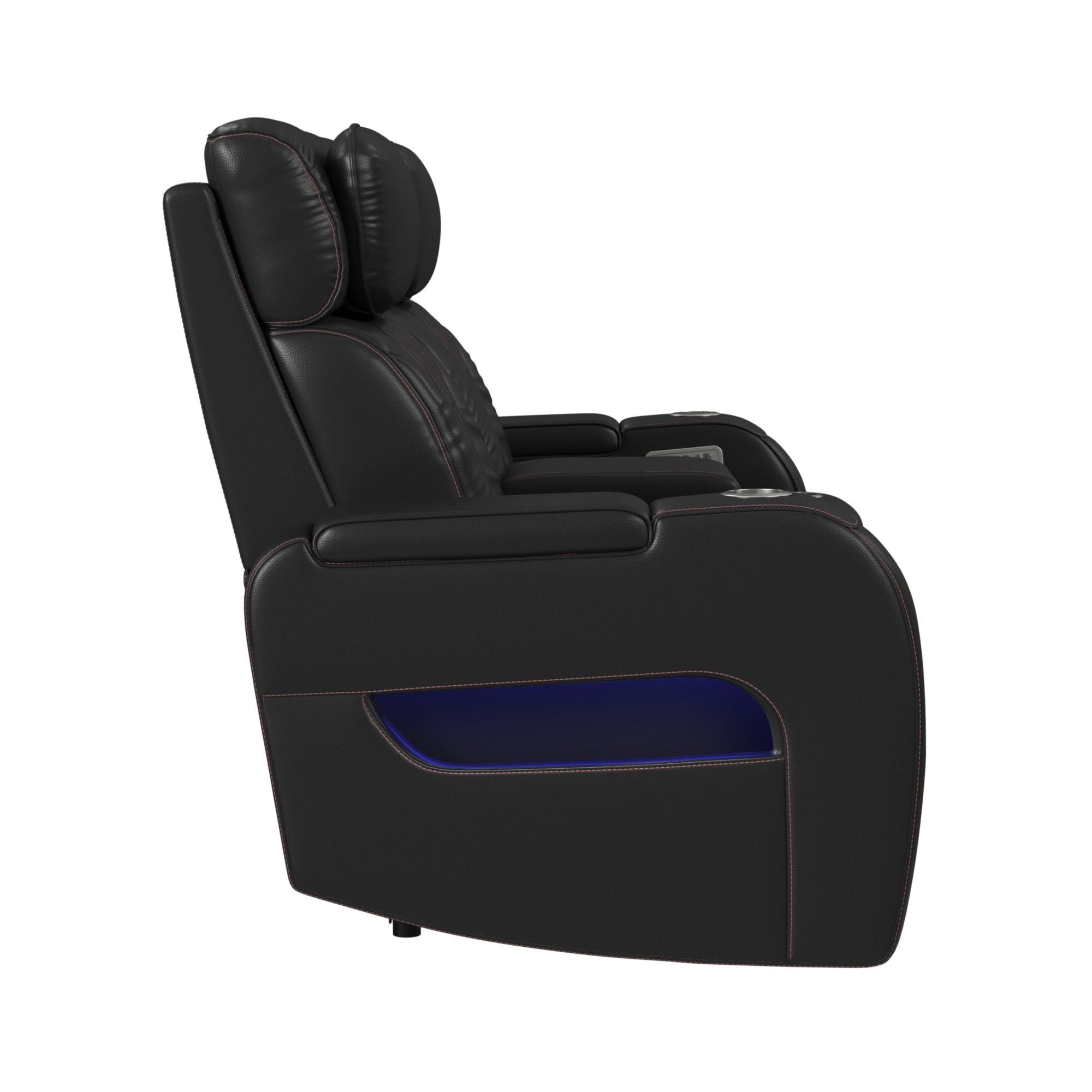 Prime Time P3 Loveseat with LED, wireless charger pocket, and Console in Jett Black with Red Stitching