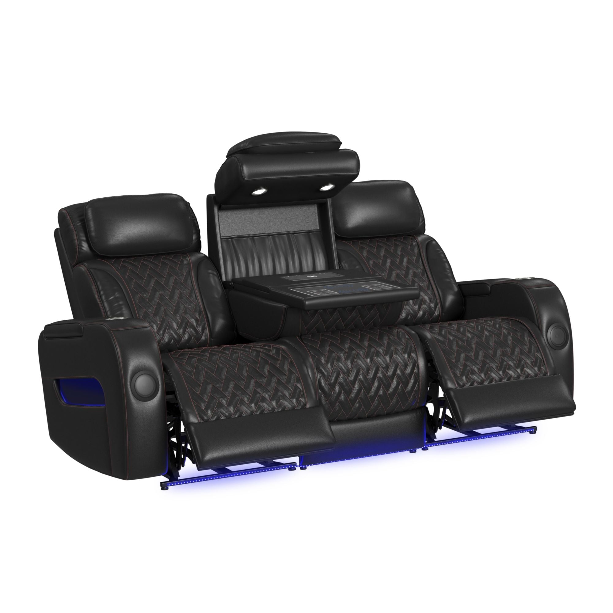 Prime Time P3 Sofa with I Table, reading light, heat, massage, LED, and speaker in Jett Black with Red Stitching