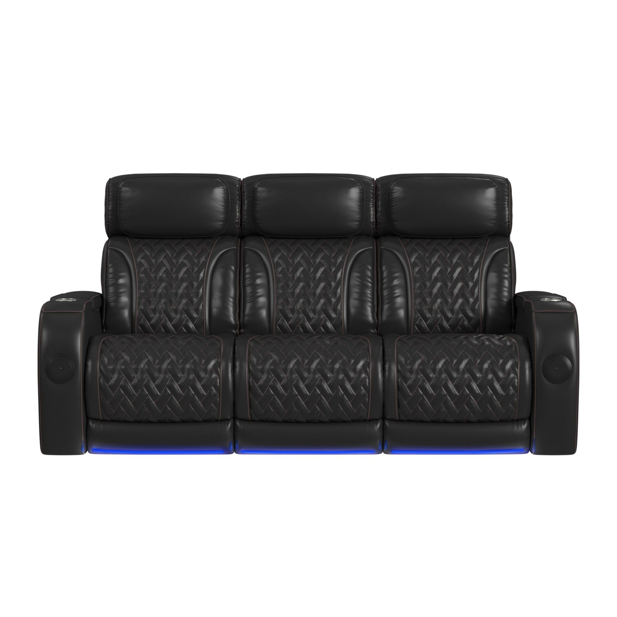 Prime Time P3 Sofa with I Table, reading light, heat, massage, LED, and speaker in Jett Black with Red Stitching