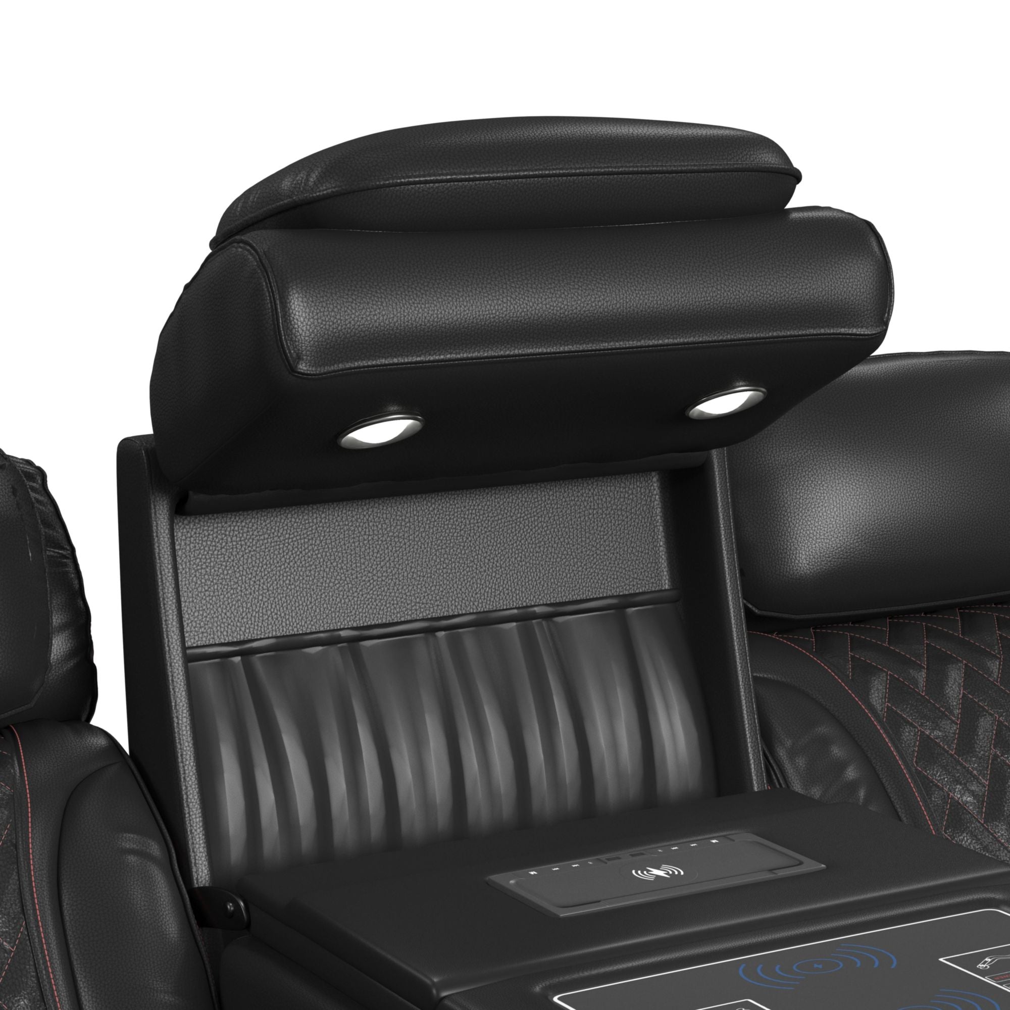 Prime Time P3 Sofa with I Table, reading light, heat, massage, LED, and speaker in Jett Black with Red Stitching