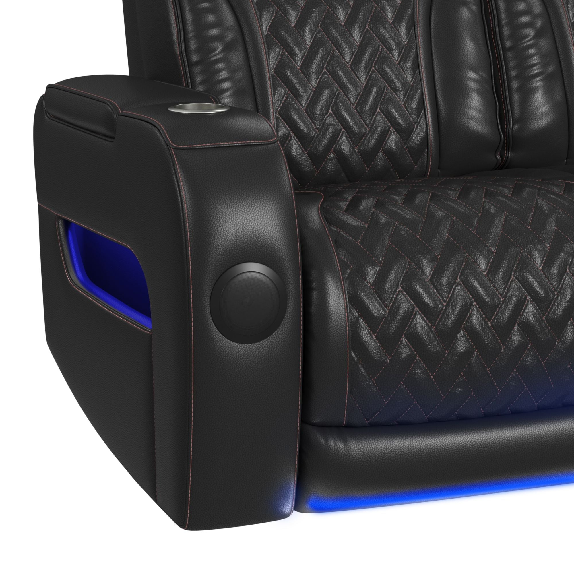 Prime Time P3 Sofa with I Table, reading light, heat, massage, LED, and speaker in Jett Black with Red Stitching