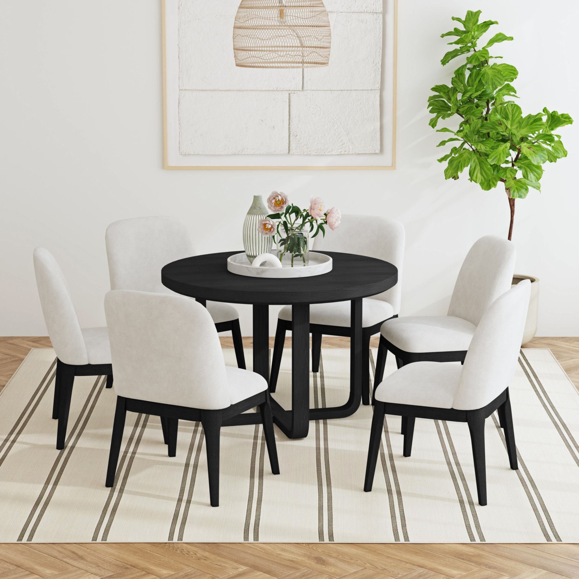 Sylvie Dining Side Chair with White Fabric in Black with Grain (2 Per Carton)