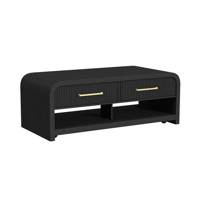 Ridgemont Coffee Table with Casters/Push Through Drawer in Black with Grain