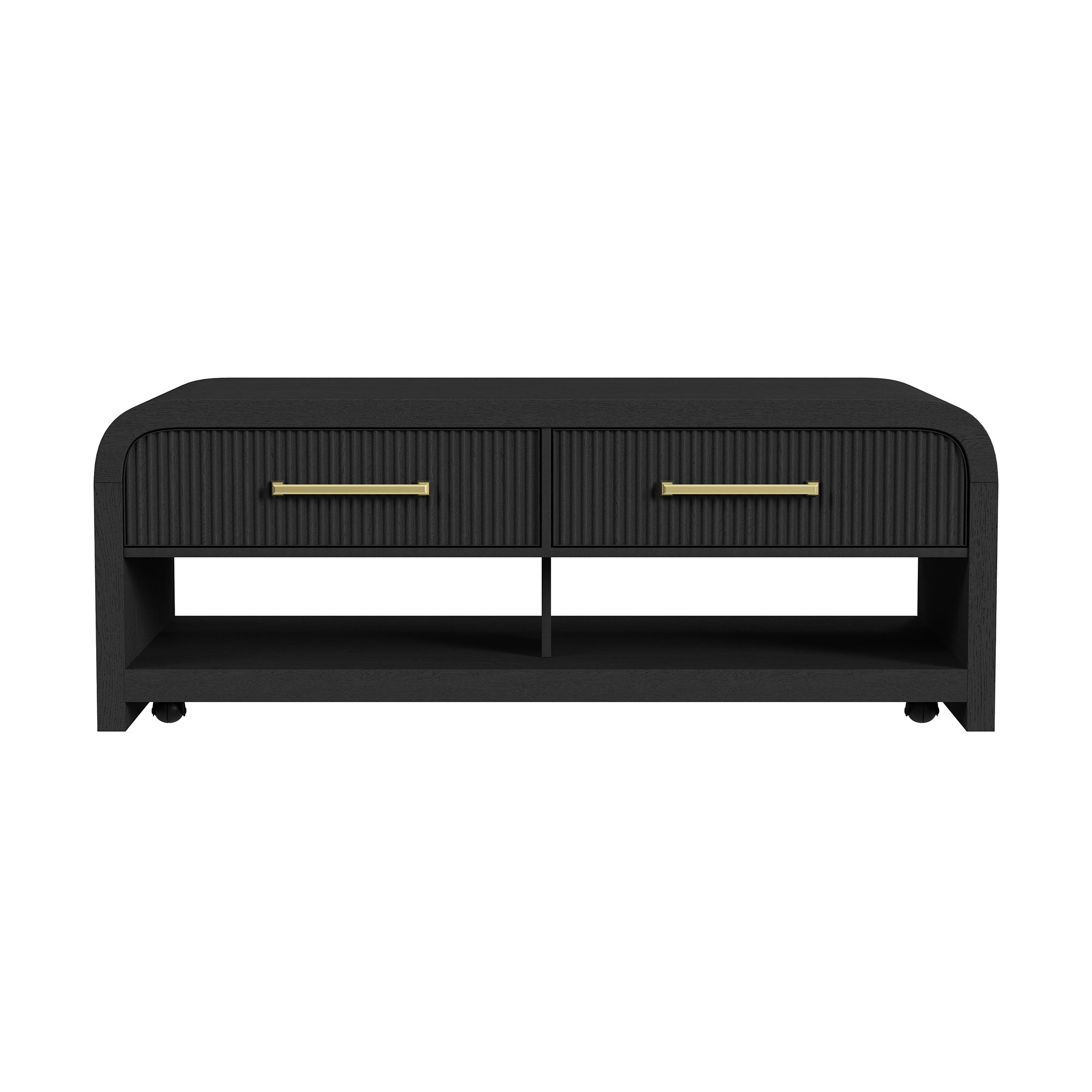 Ridgemont Coffee Table with Casters/Push Through Drawer in Black with Grain