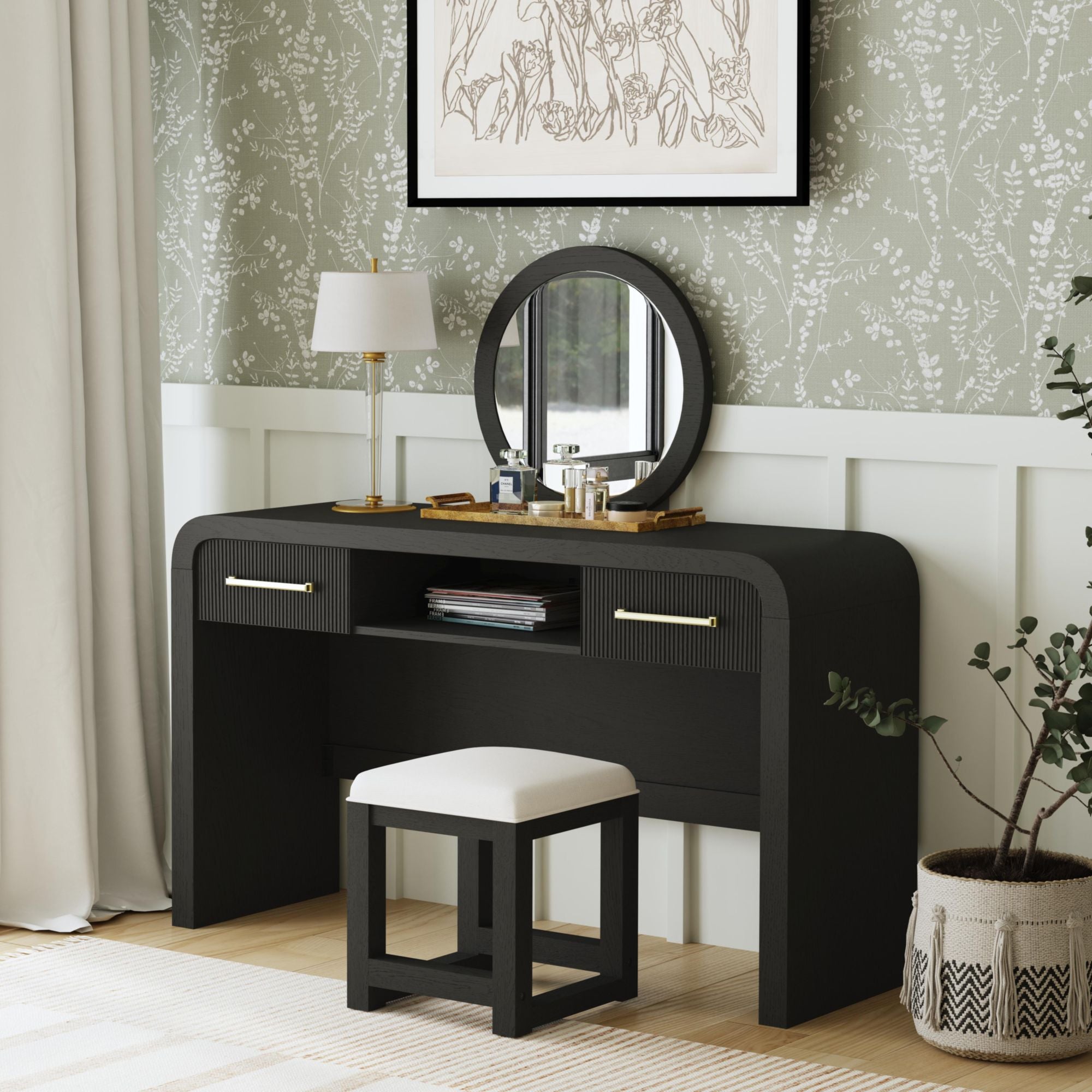 Ridgemont Dressing Table and Mirror in Black with Grain – SKU V-14440-8W-DTC | Elements