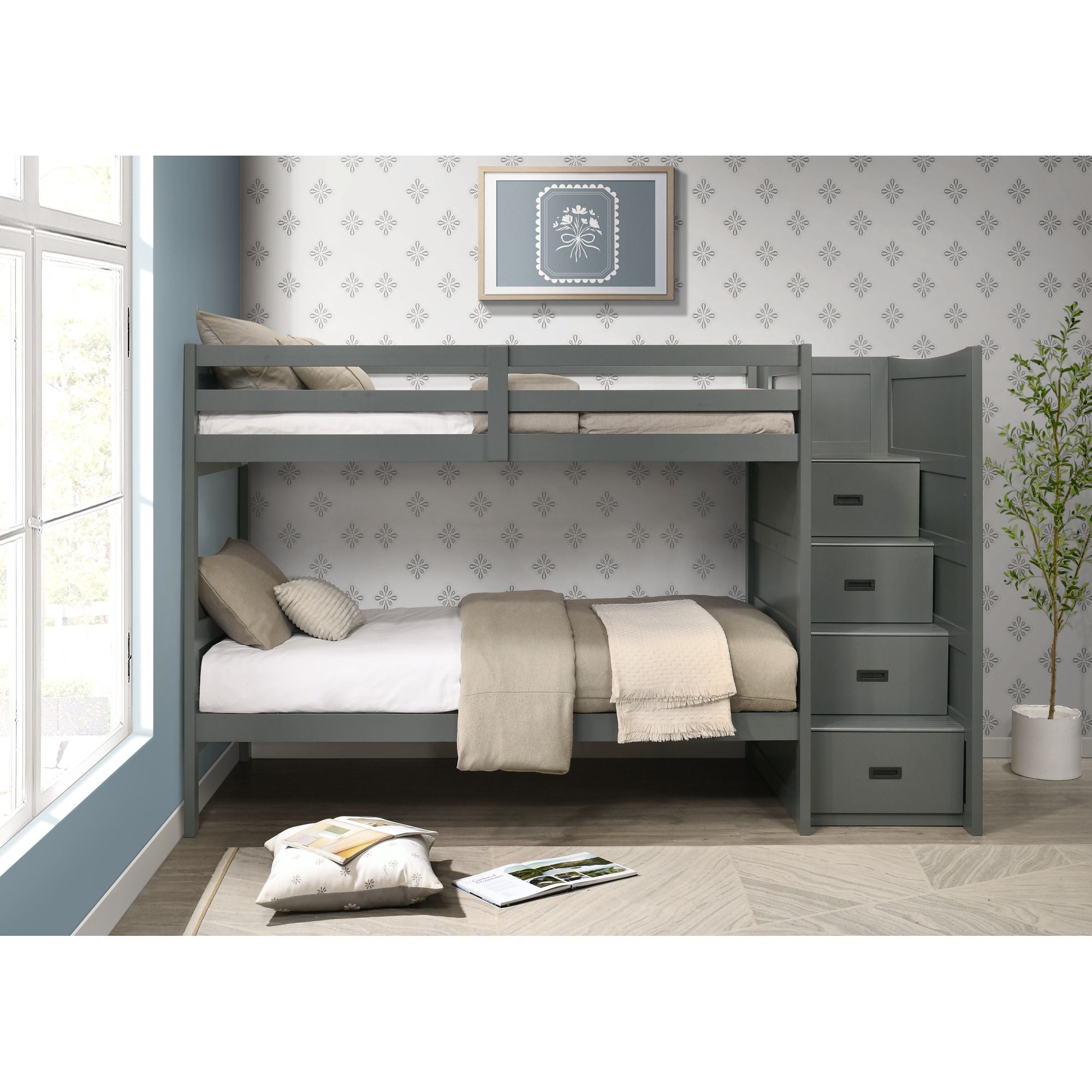 Sami Twin Over Twin Step Bunk with Right HB in Grey – SKU SM350TTBR | Elements