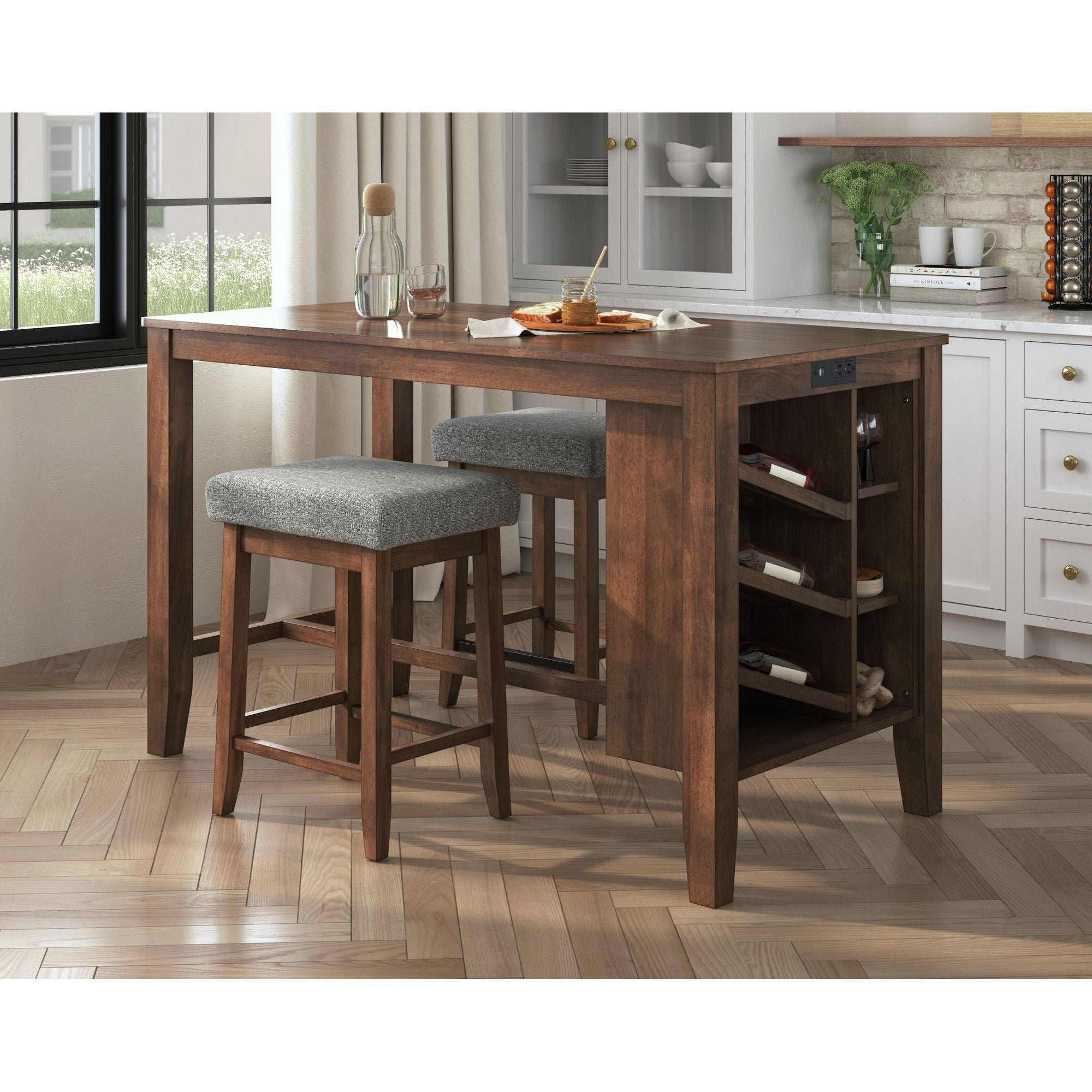 Santa Barbara Kitchen Island & 2 Counter Stools with Dark Grey Fabric in Walnut – SKU D-16550-5-KI | Elements