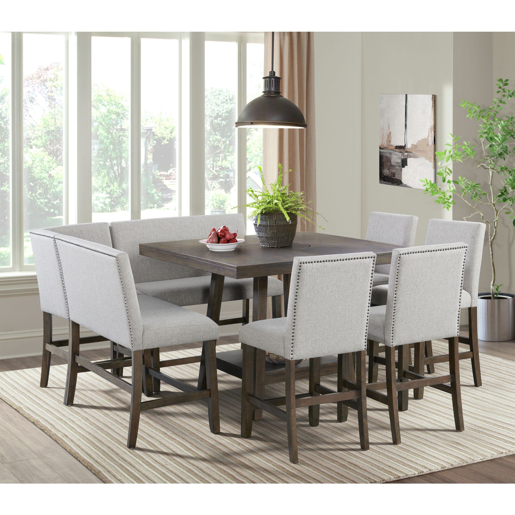 Seneca Counter Bench with Upholstered Back and Grey Fabric in Brown – SKU D-7670-5-CBN2 | Elements