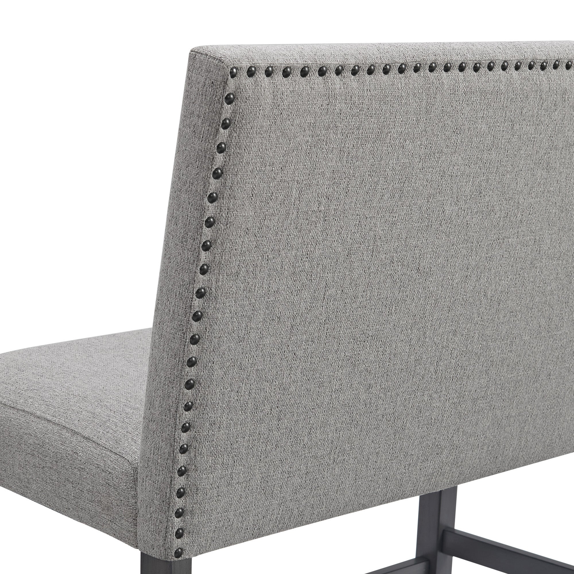 Seneca Counter Bench with Upholstered Back and Grey Fabric in Grey
