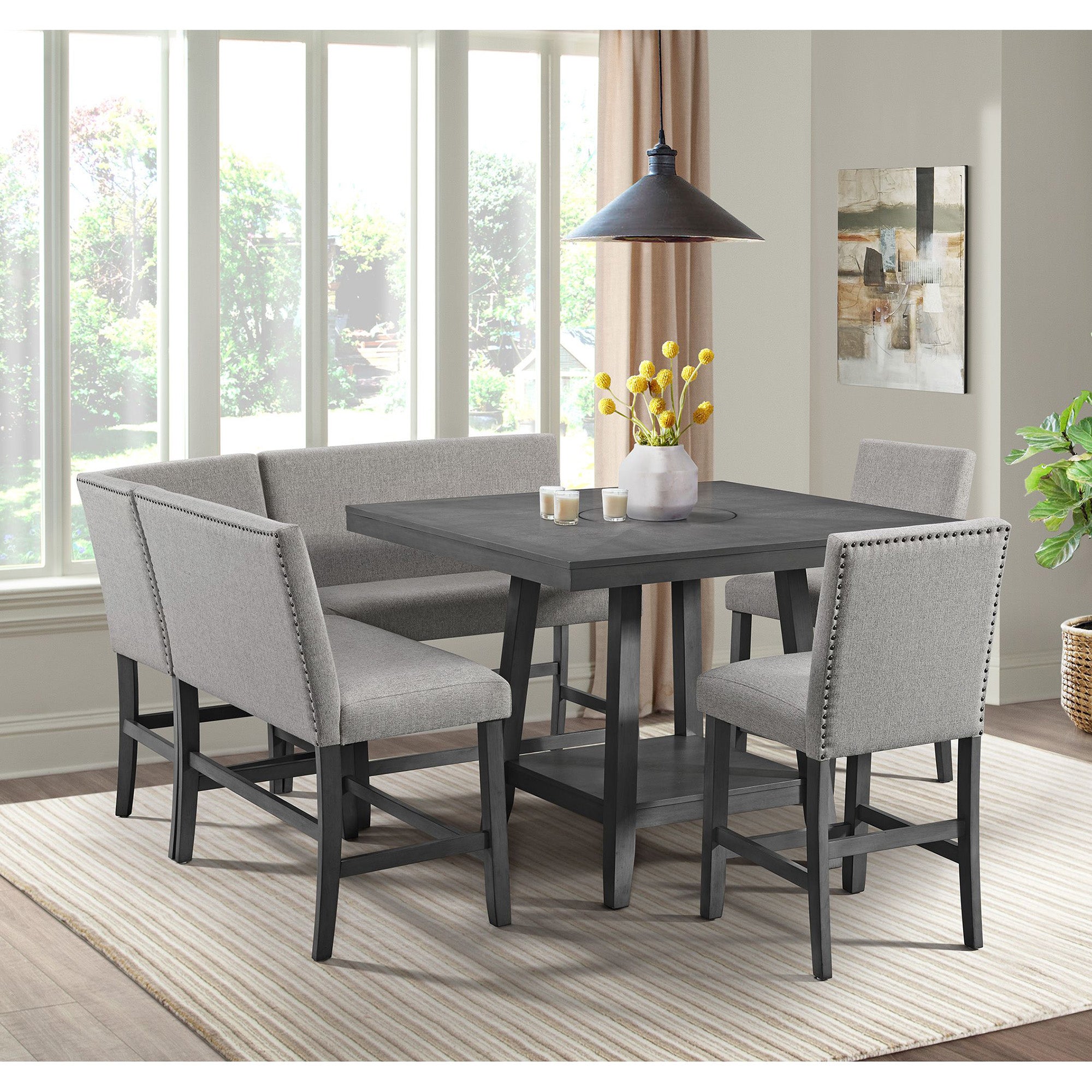 Seneca Counter Corner Bench with Upholstered Back and Grey Fabric in Grey