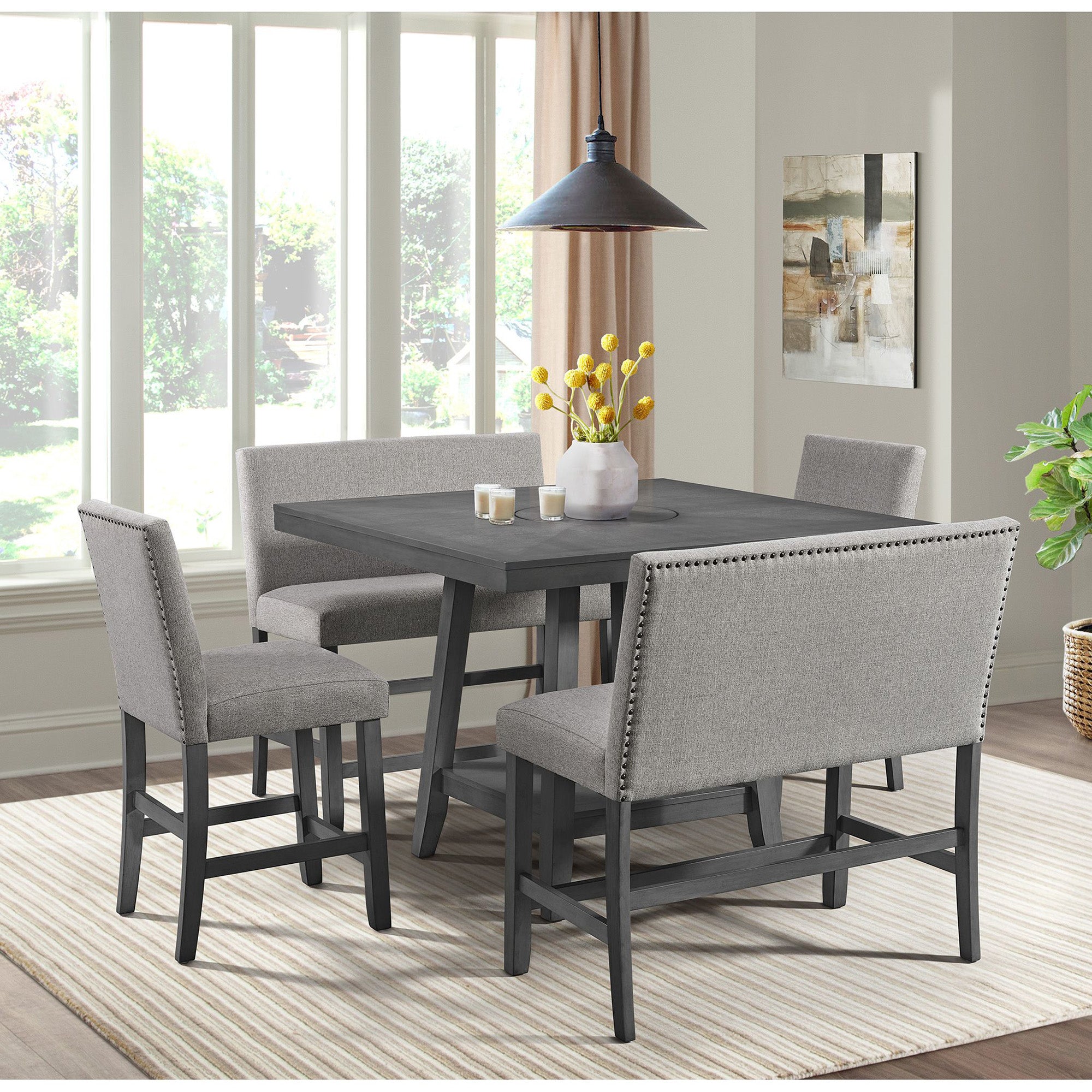 Seneca Counter Bench with Upholstered Back and Grey Fabric in Grey