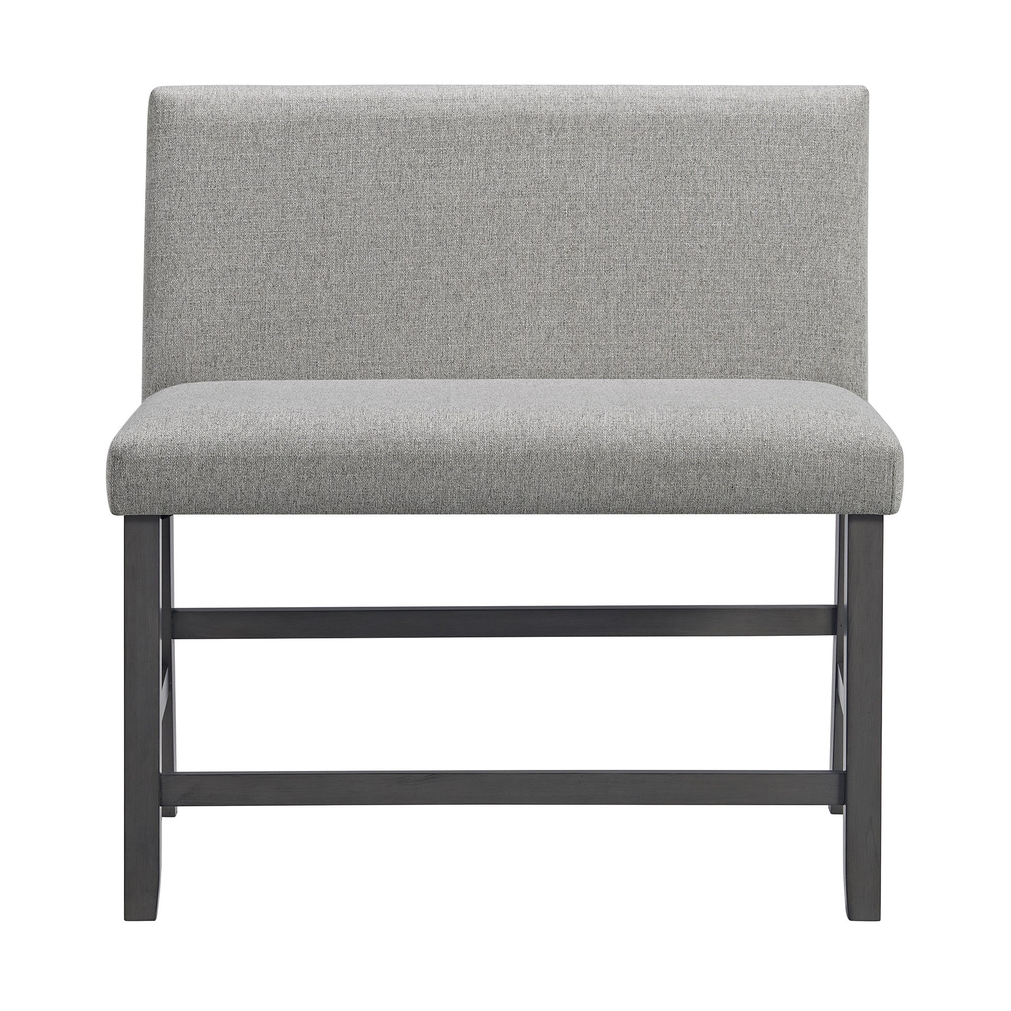 Seneca Counter Bench with Upholstered Back and Grey Fabric in Grey