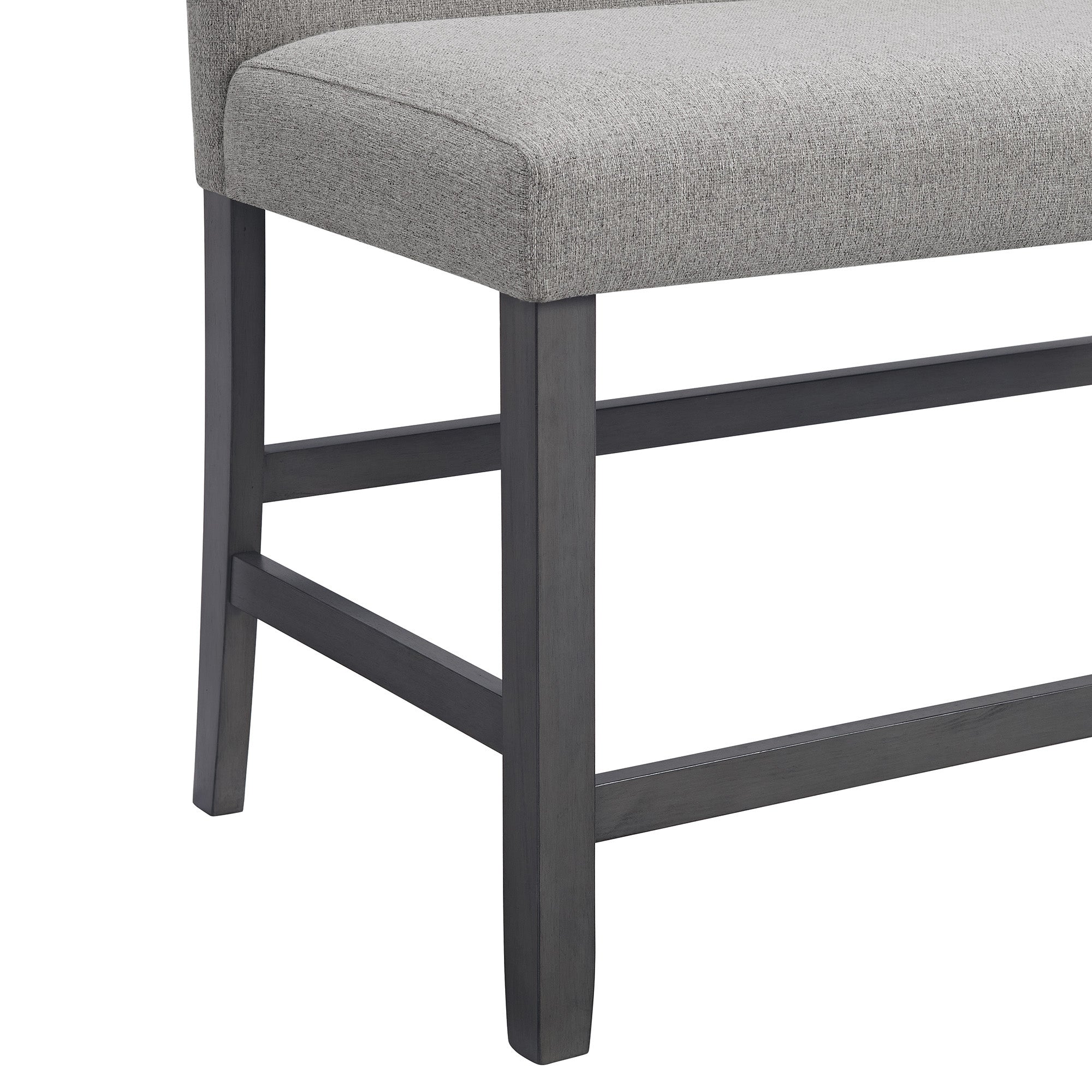 Seneca Counter Bench with Upholstered Back and Grey Fabric in Grey