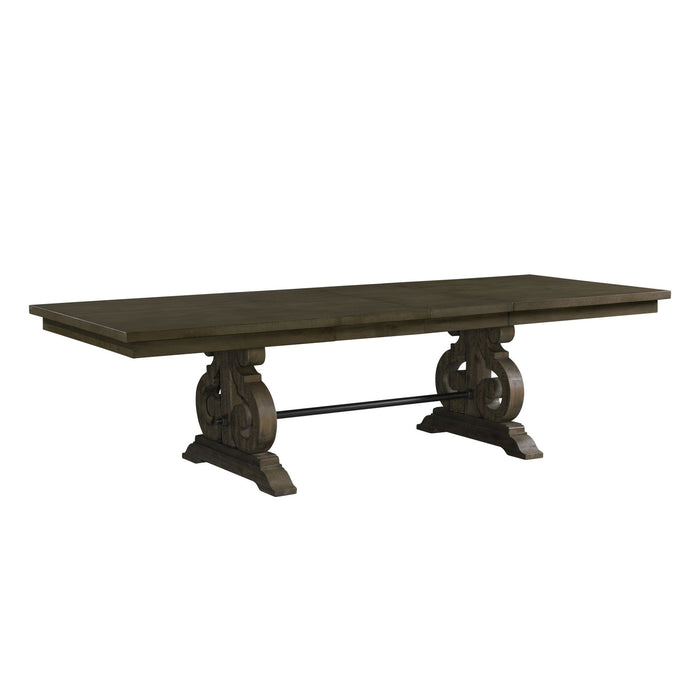 Stone 6PC Dining Set in Charcoal - Table, 4 Wooden Swril Back Side Chairs, & Pew Bench